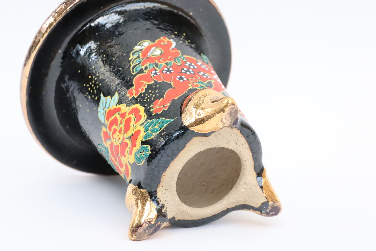 豊明園 / 2307,赤獅子 萬年青楽鉢 外径約9.5cm 亘サイン 新鉢