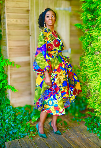 ZAMA puff sleeve three quarter length belted dress – House of Afrika