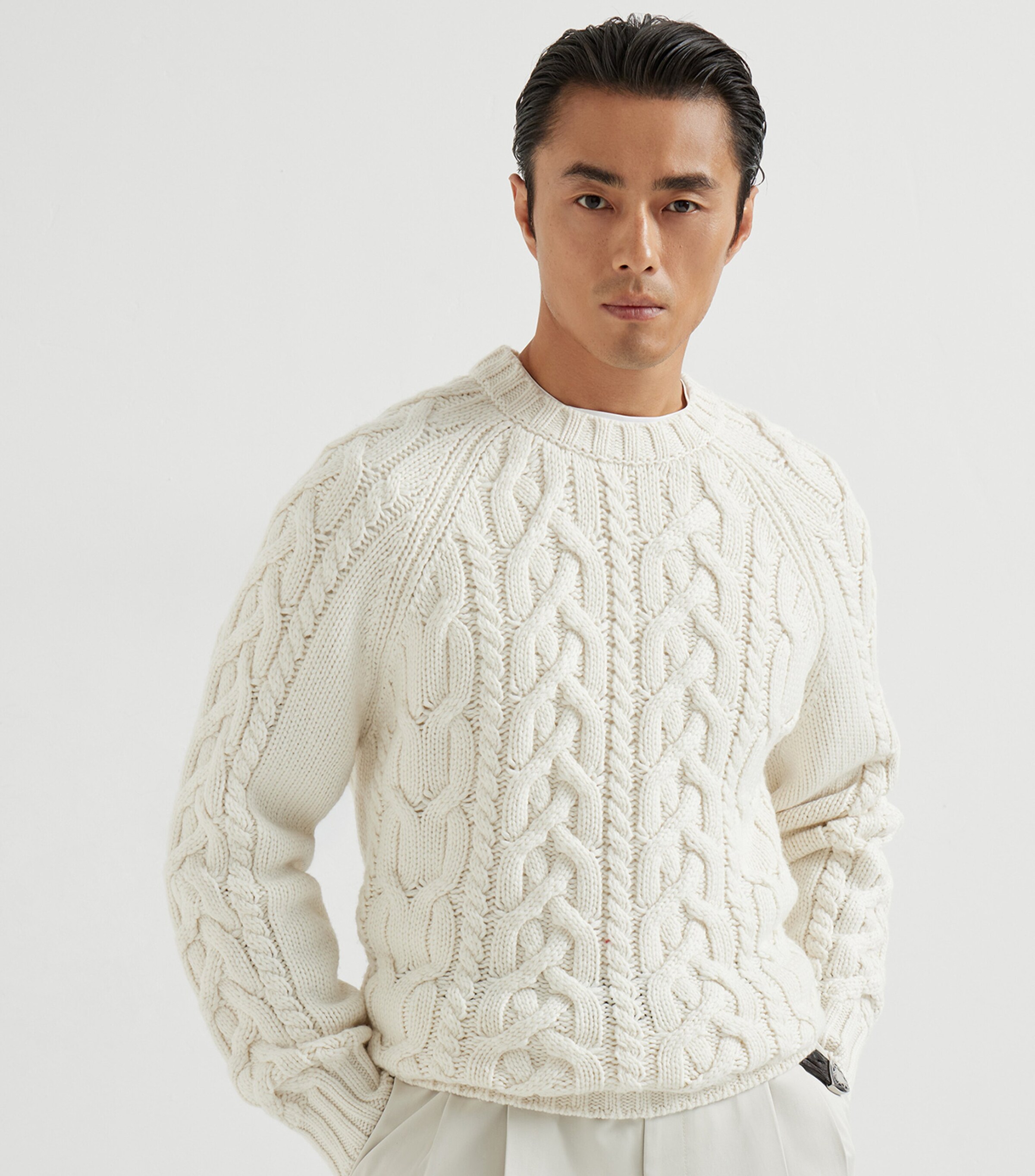 Brunello Cucinelli White Cashmere Cable-Knit Sweater | Harrods US