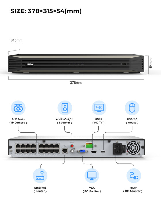 H.View 16チャンネル4K PoE NVRレコーダー8MP ONVIFビデオレコーダー