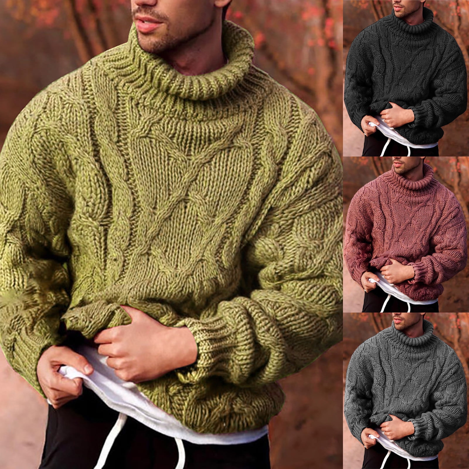 Men's Twisted Knitted Turtleneck Sweater Ribbed Thermal Slim Fit