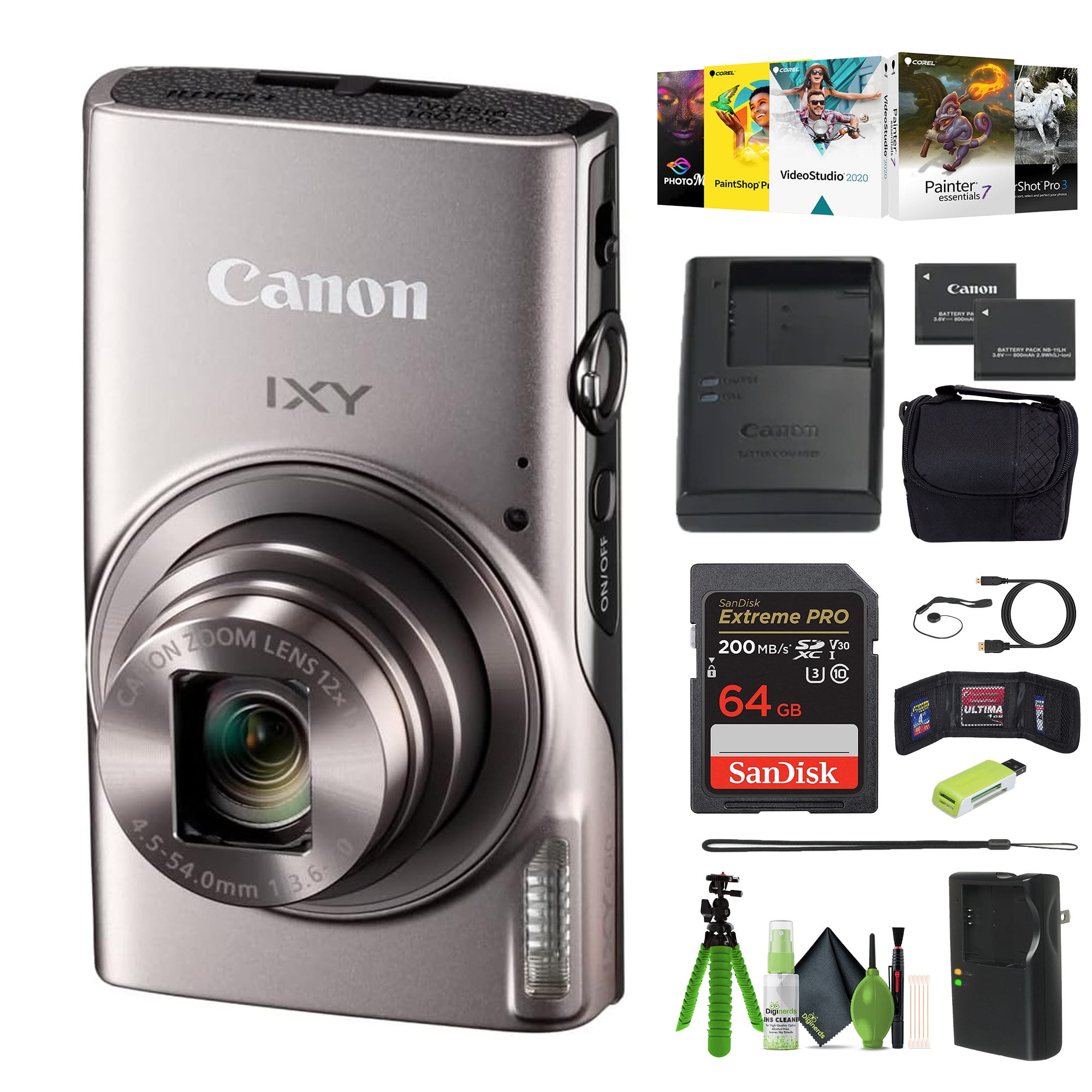 Canon IXY 650 Digital Camera, 12x Zoom, Full HD, Silver Bundle