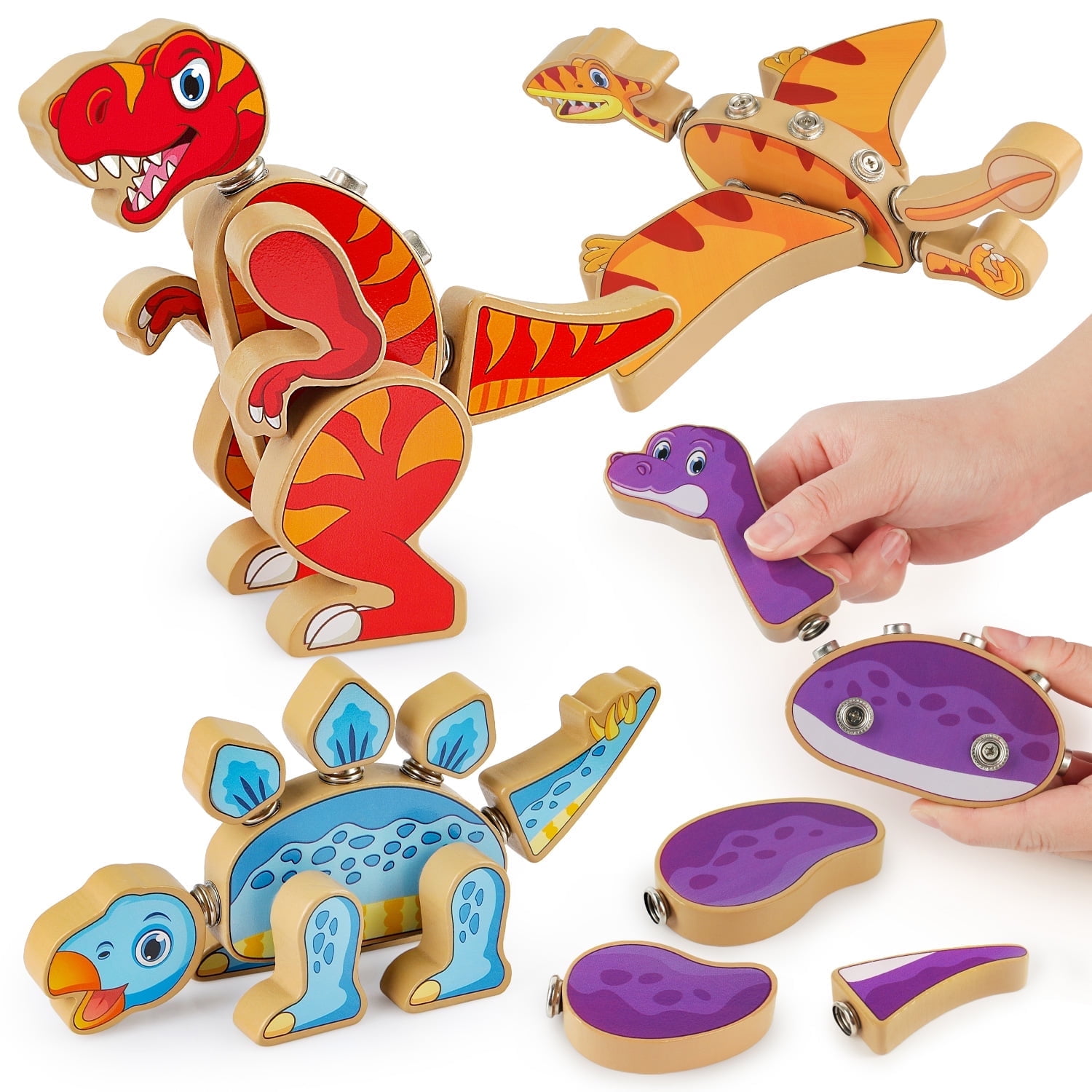 Coogam Dinosaur Building Block Set, Wooden Snap-Connection
