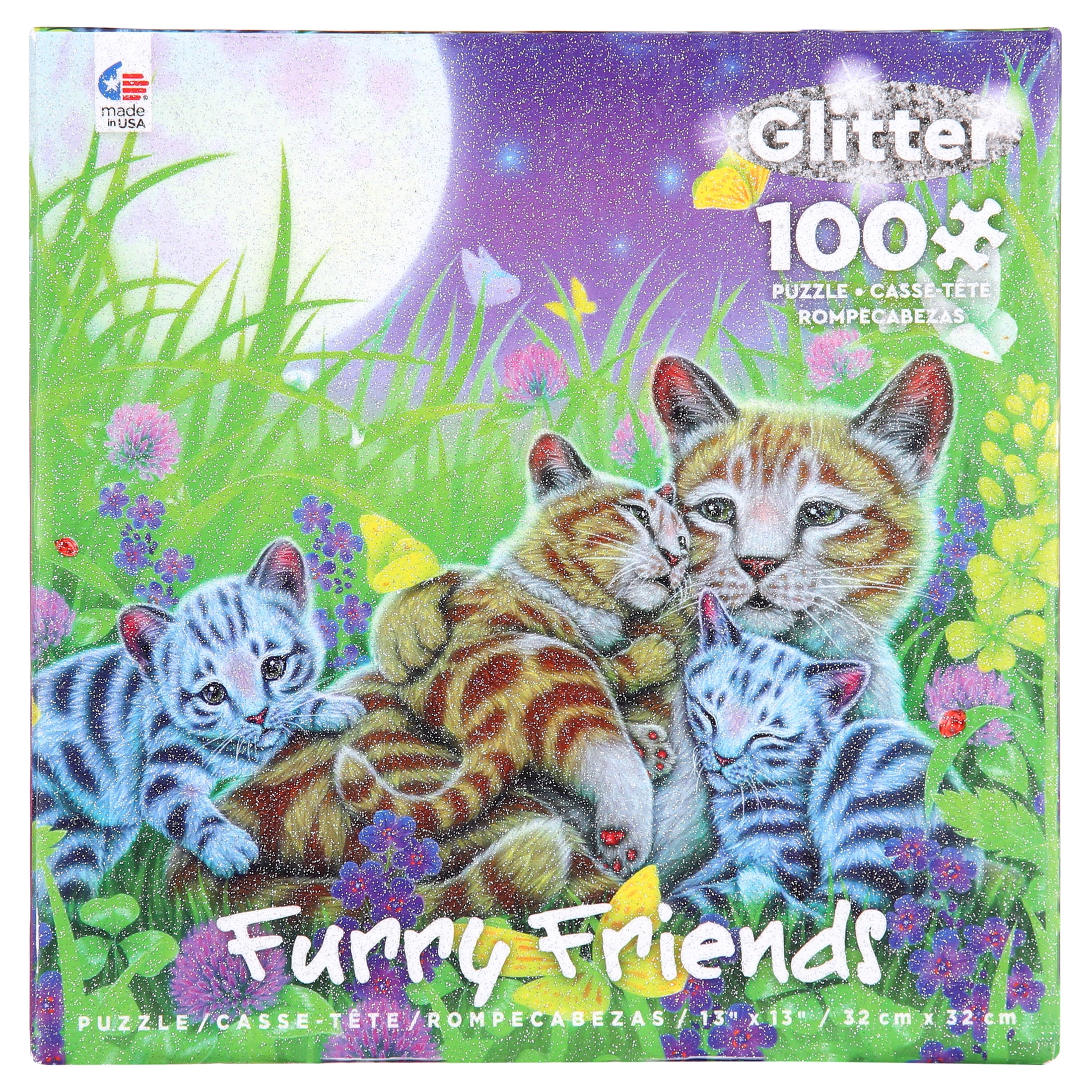 Ceaco - Furry Friends Glitter - Family Cat - 100 Piece Kids Jigsaw