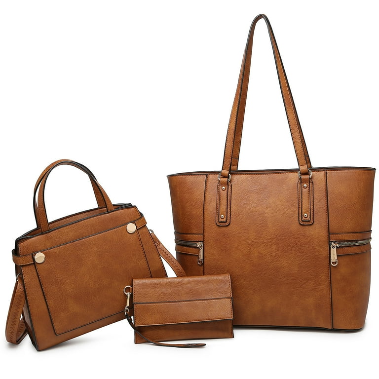 VANSARTO Women's Vegan Leather Tote Handbag Set, Brown, 3-Piece