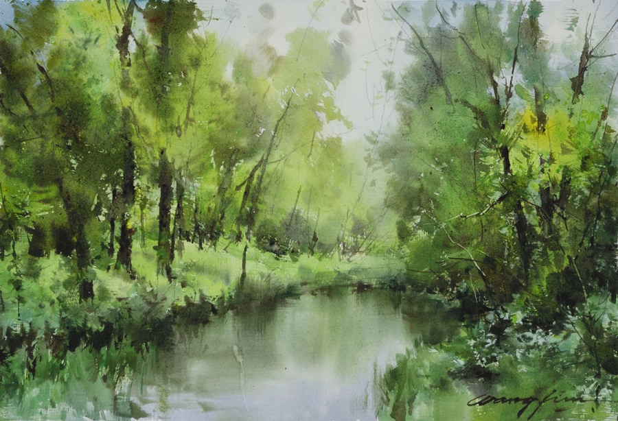 油彩画 自然風景 緑色系 木製フレーム 水彩画 風景画 新緑 皐月 若葉