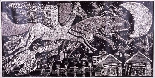 ウルスラの絵の元『星空をペガサスと牛が飛んでいく』版画