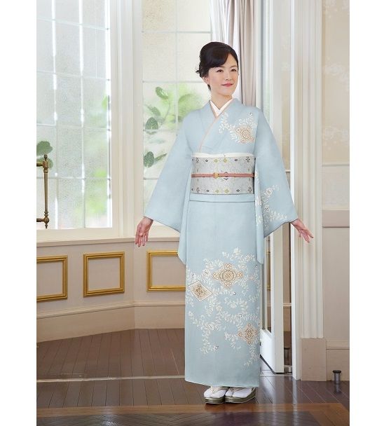 付下訪問着モデル 購入 優しい水色 菱華紋 唐花文様 すっきり柄 結婚式