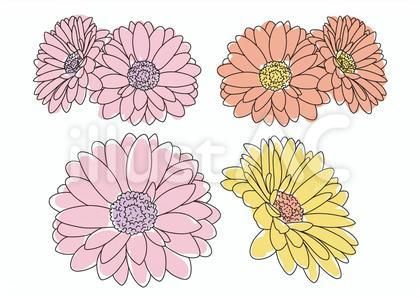 ガーベラの花 線画の素材セットイラスト