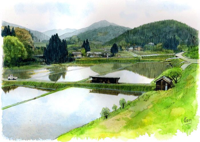 3軒の家の風景画（水彩画）（720×630） 3軒の家の風景画（水彩画