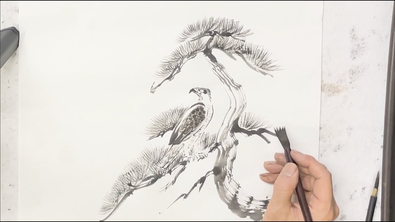 Sumi-e: Landscape with waterfall in Japanese ink painting by Tohun