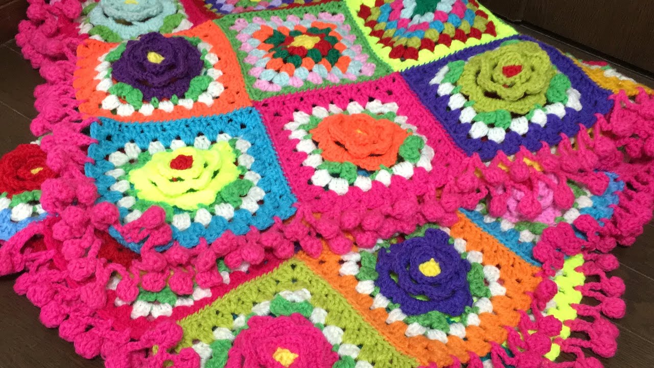 7】 薔薇 マルチカバー ブランケット 立体花 モチーフ編み 7】 薔薇