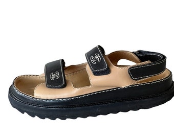 Vintage CHANEL CC Monogram Logo DAD Velcro Brown Black Leather