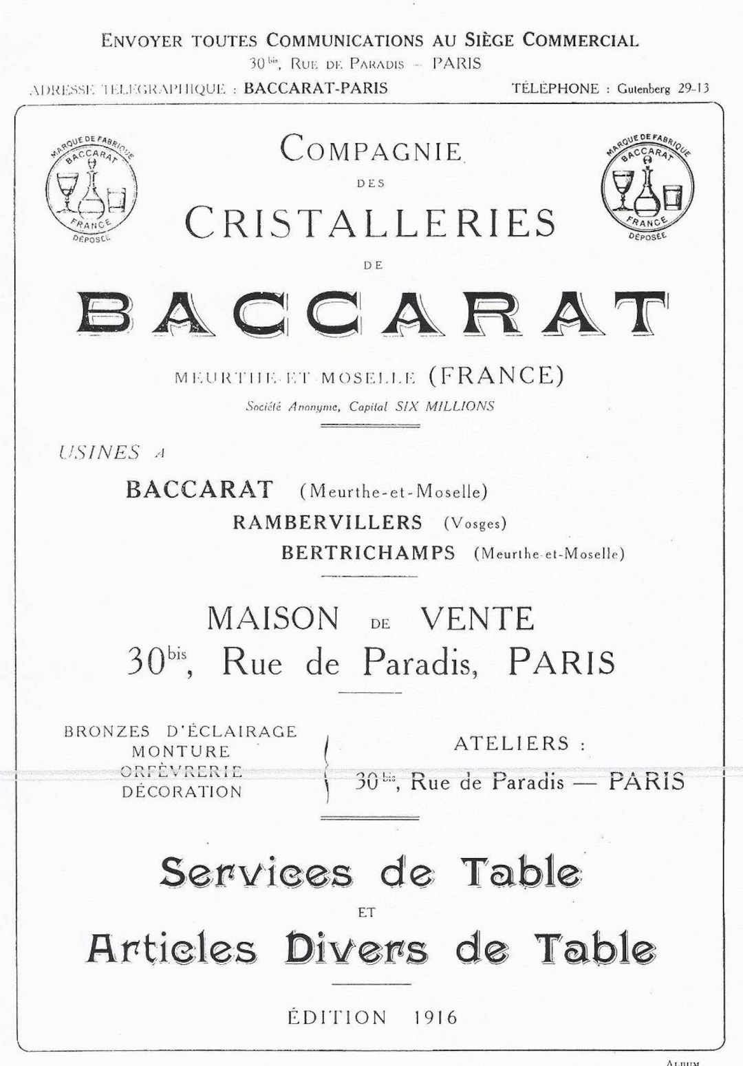 Baccarat Crystal CATALOGUE 1916, 99 Pages to Download, Digital