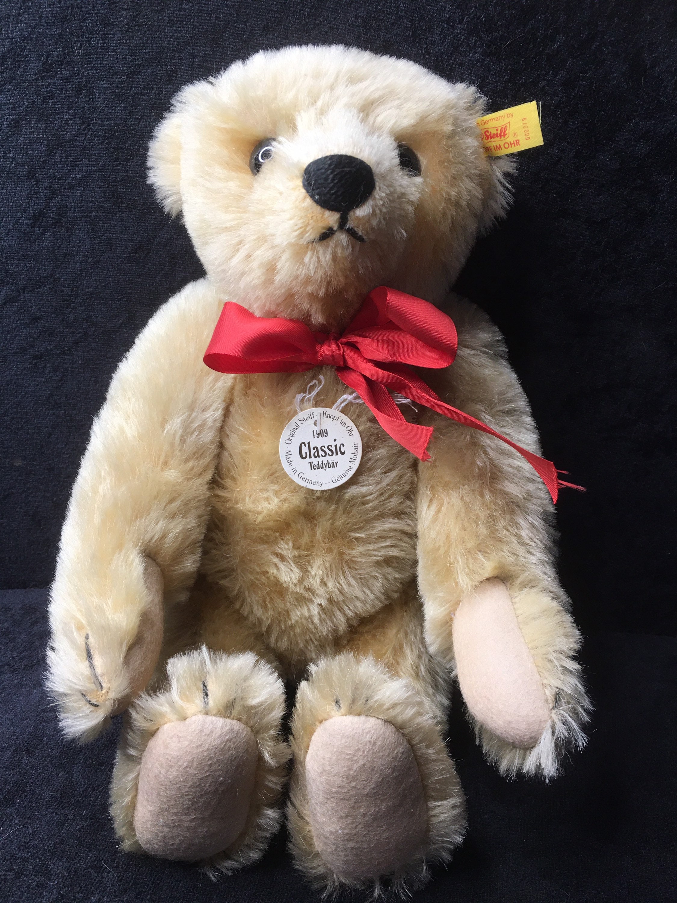 Vintage STEIFF 1909 Classic Mohair Teddy Bear 32cm 000375 With Red