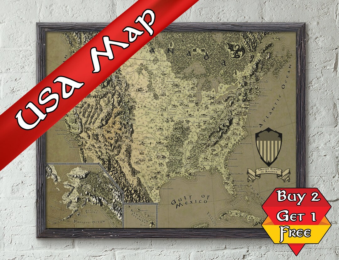 USA Print Fantasy Map, A2 A1 A0 USA Poster, Fantasy Art Print