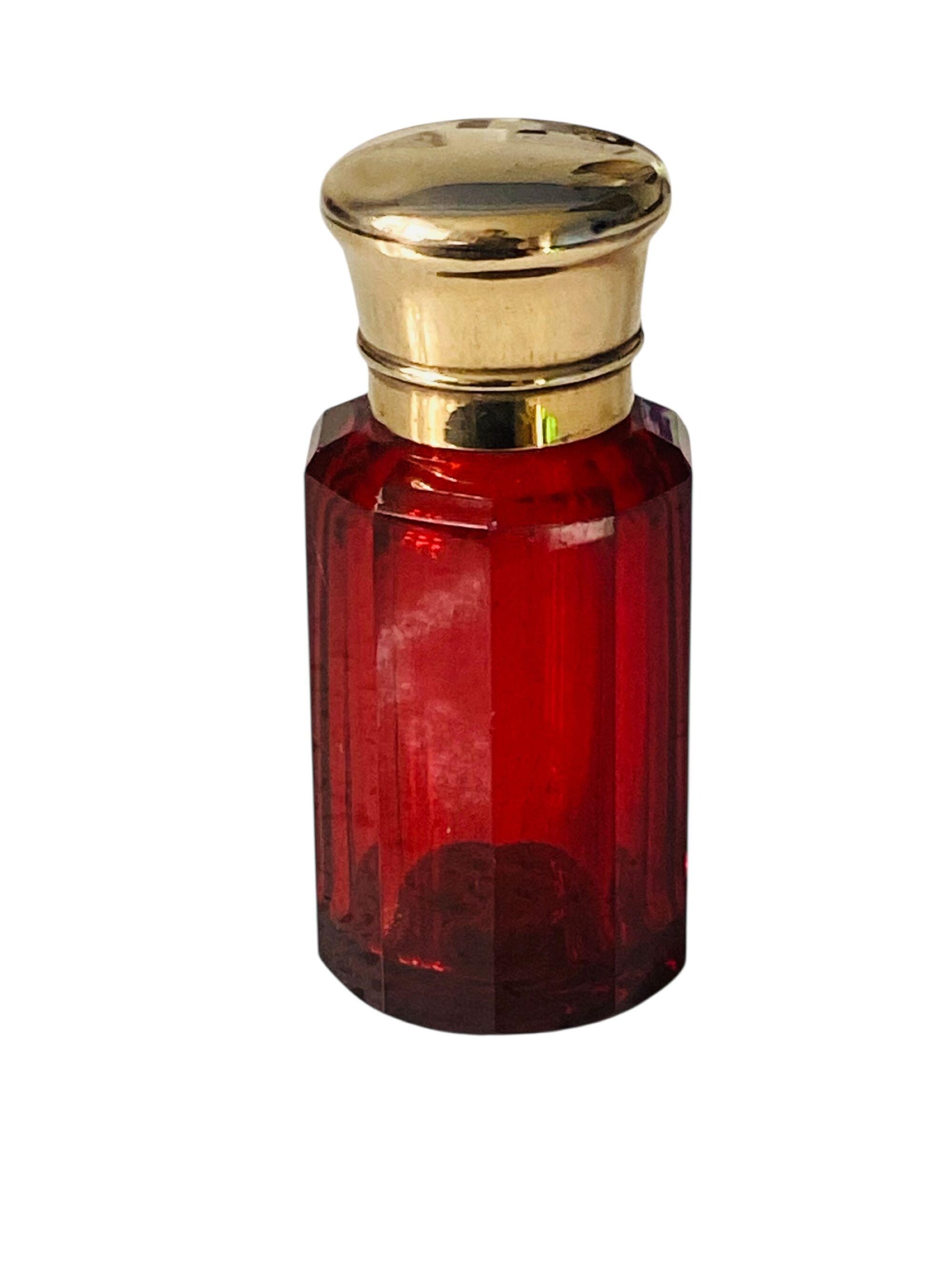 アンティーク香水瓶 ルビーレッドガラス 金箔仕上げ 金属製蓋 1880年頃