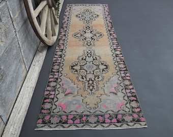 3'1x9'9 アンティークピンクランナーラグ、シャビーな装飾、モダンな
