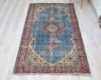 ヴィンテージ トルコ製エリアラグ - 3x7 ネイビーブルー フローラル