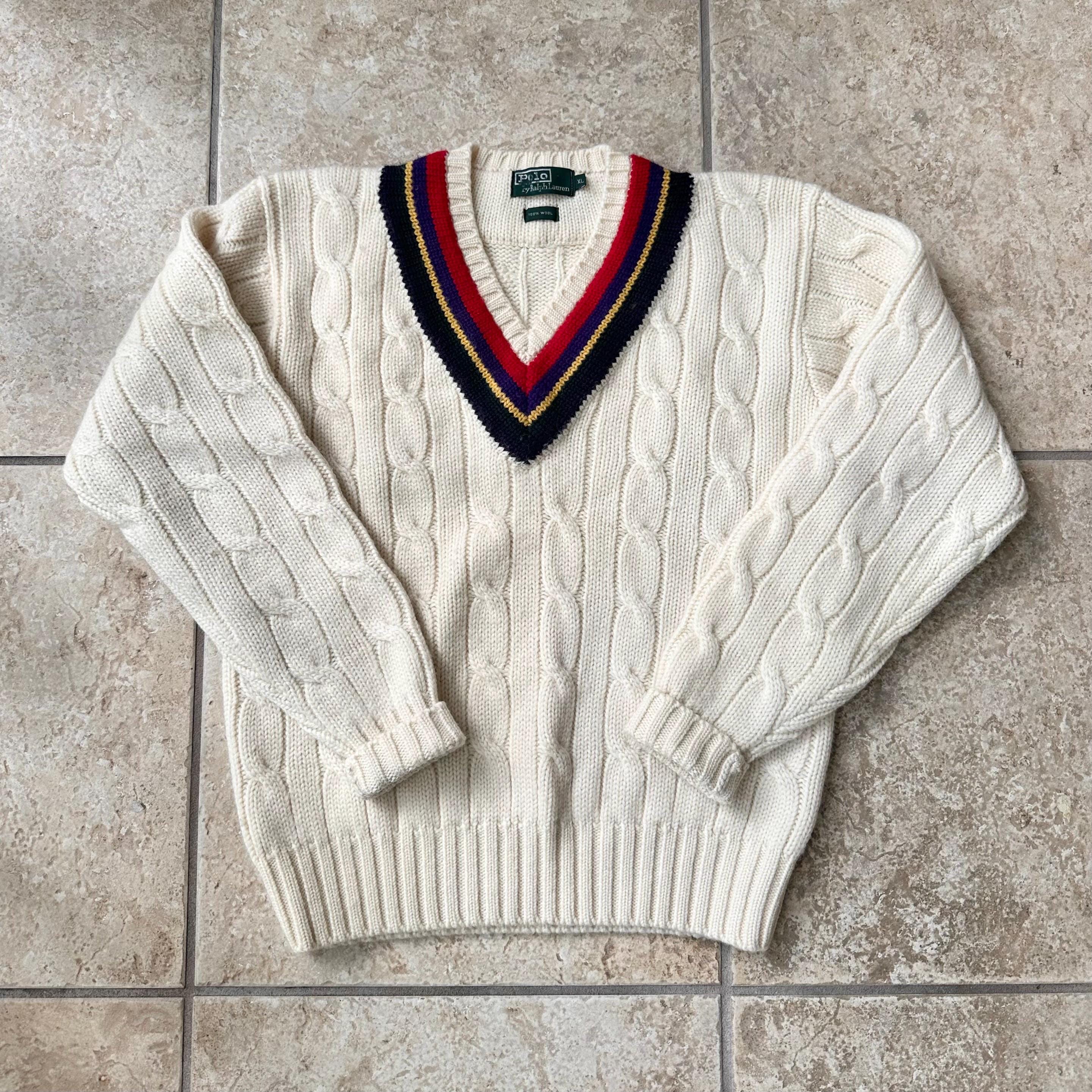 Vintage POLO RALPH LAUREN Cream Wool Cable Knit V-neck Sweater