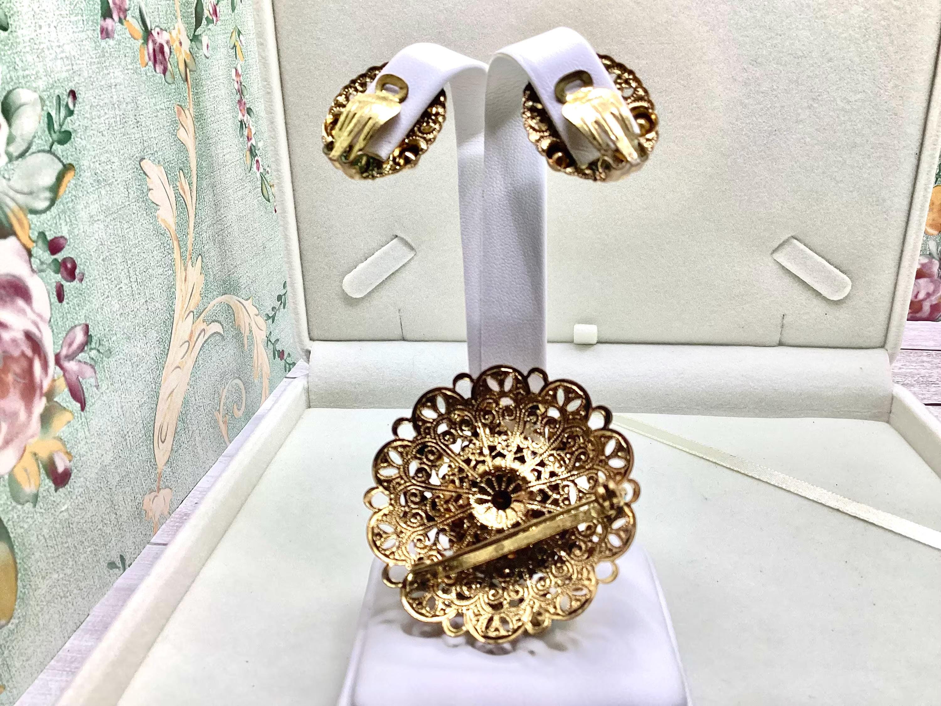 Vintage West Germany Turquoise Rhinestone Faux Pearl Brooch & Clip