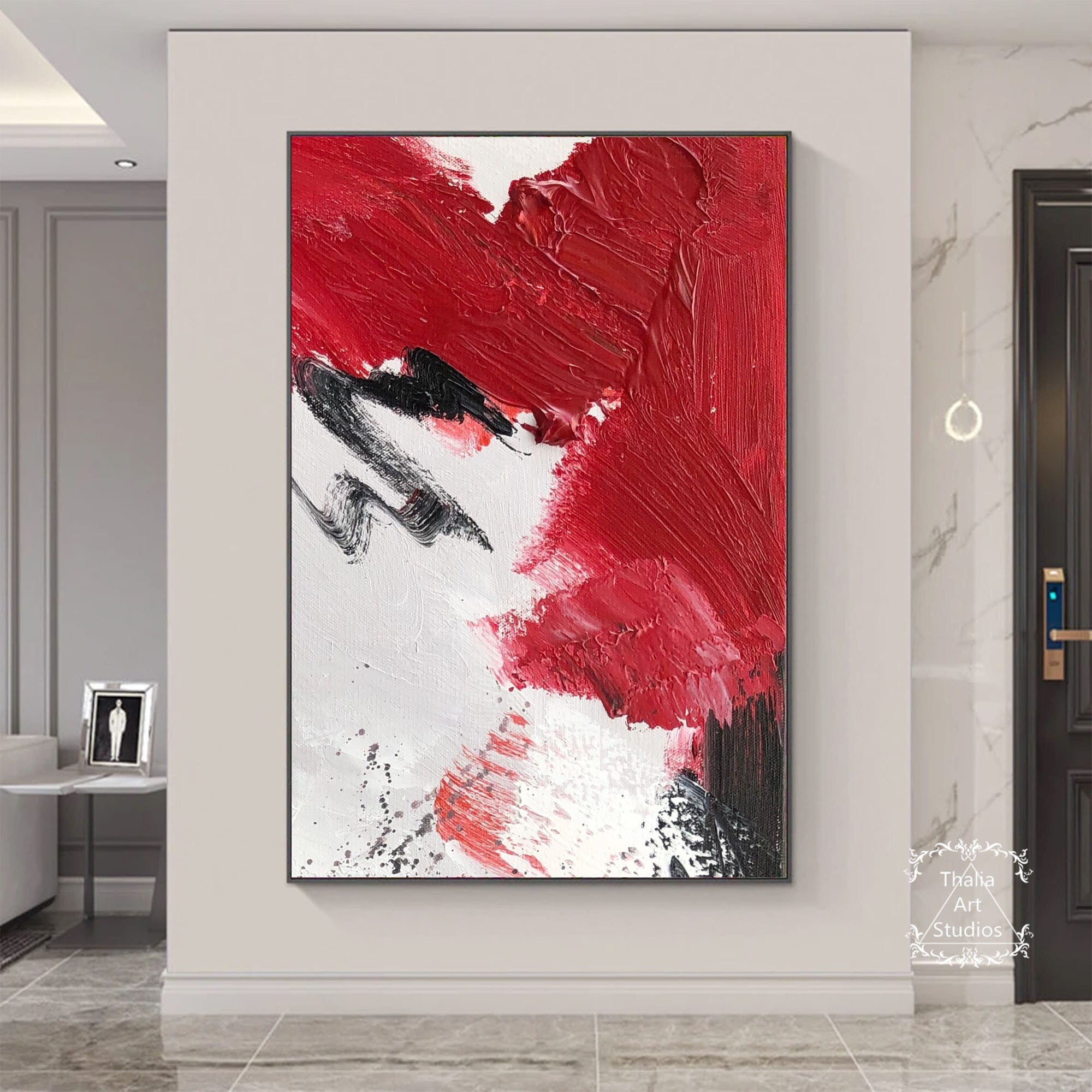 大きな赤い抽象画、白い抽象画の壁アート、モダンな赤いテクスチャ画