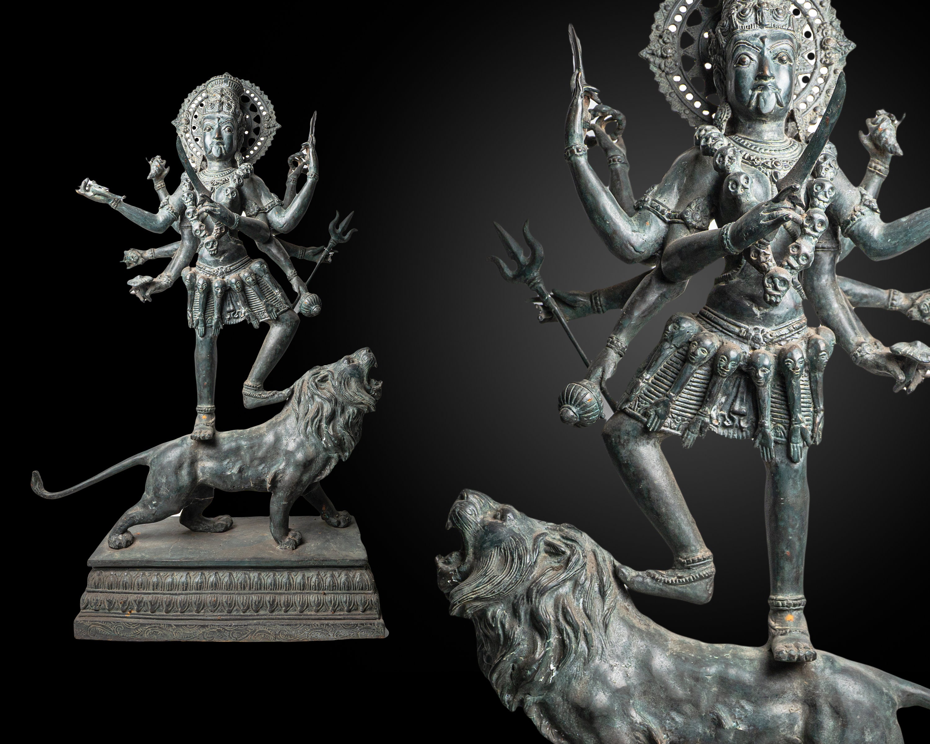 動物の上に立つ10腕のカーリー、29インチ/75cm、アンティークマハー