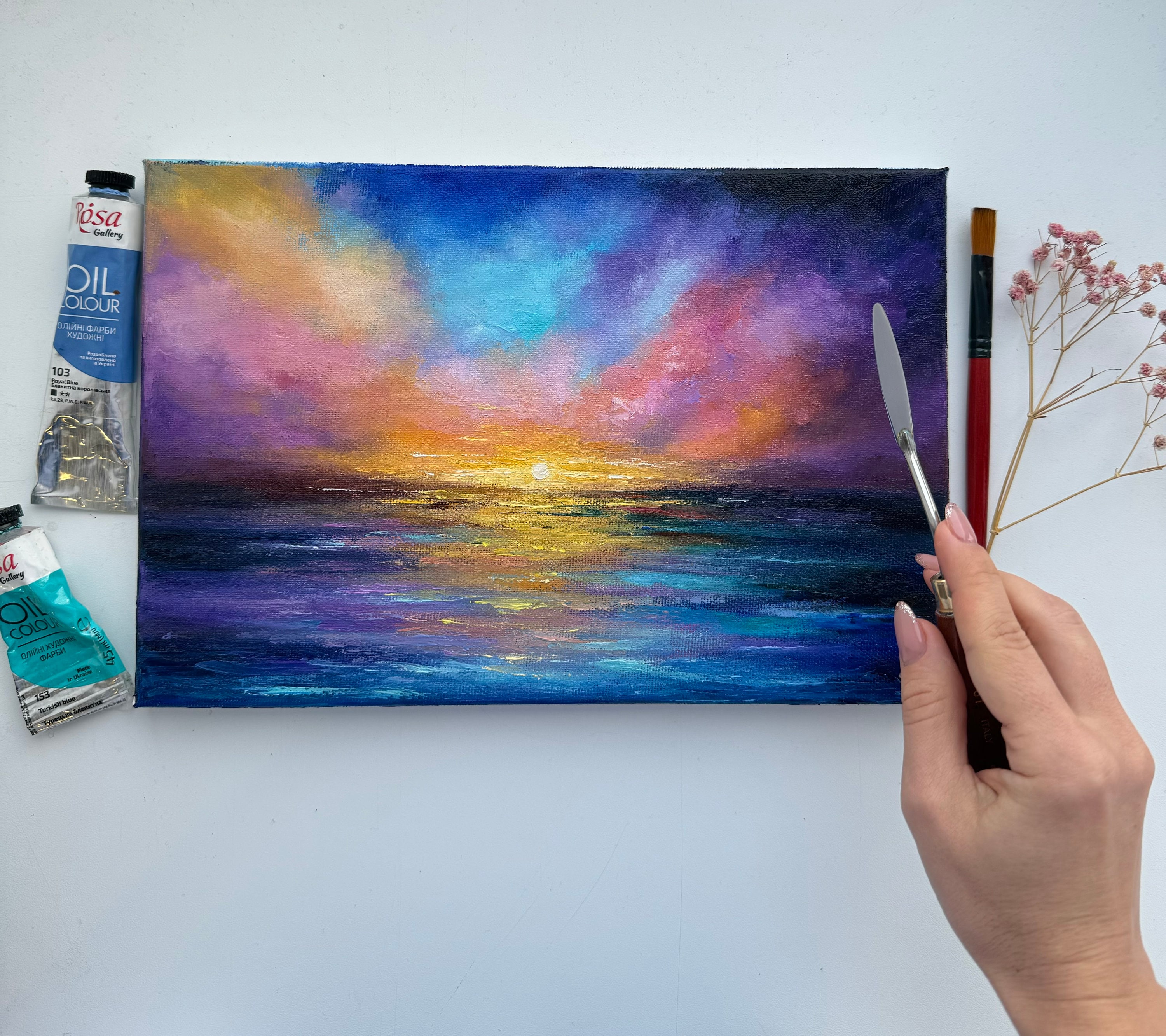 キャンバスに描かれた夕焼けの海景油絵（8x12インチ） - Etsy 日本