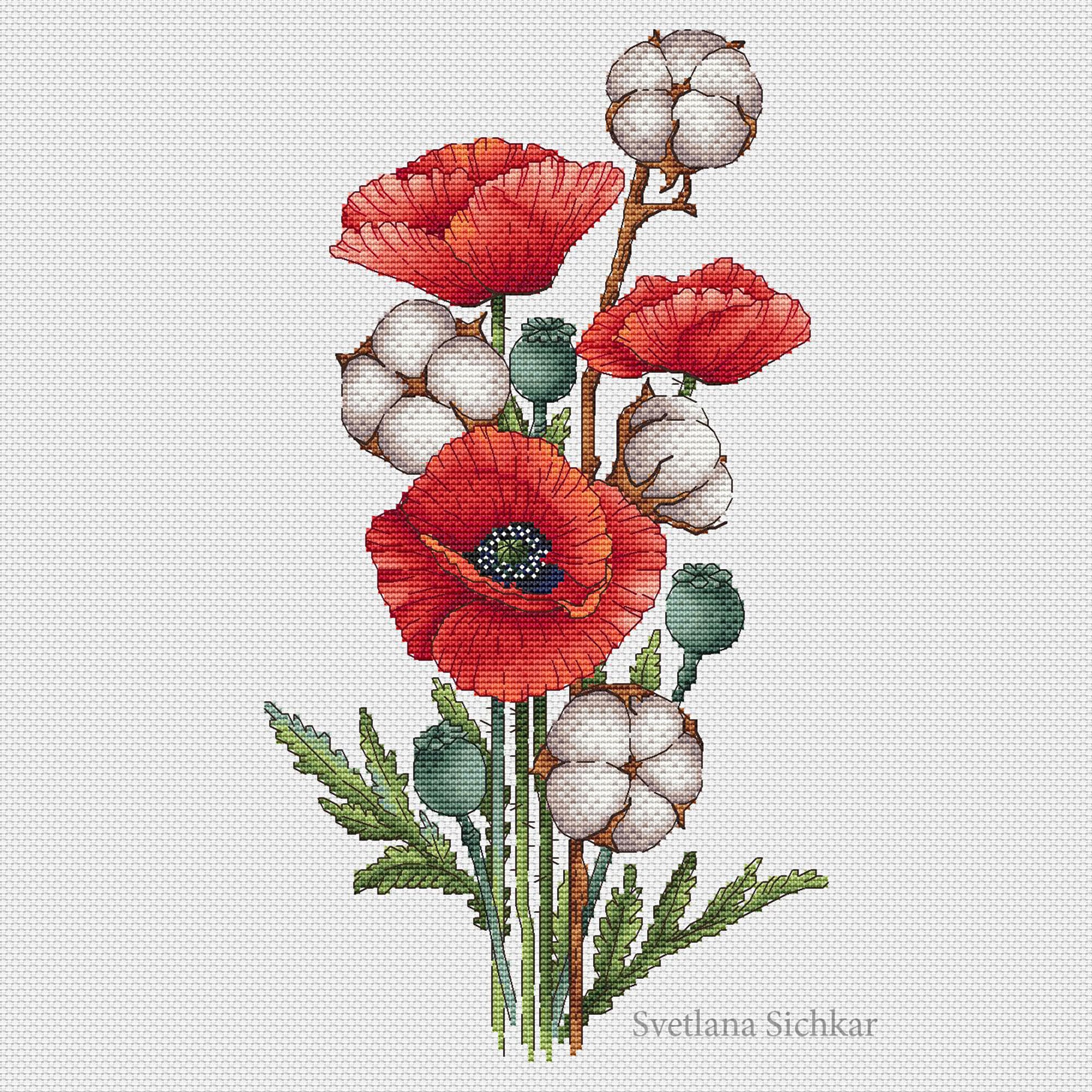 Poppy Cross Stitch Pattern PDF Instant Download, Cotton Counted