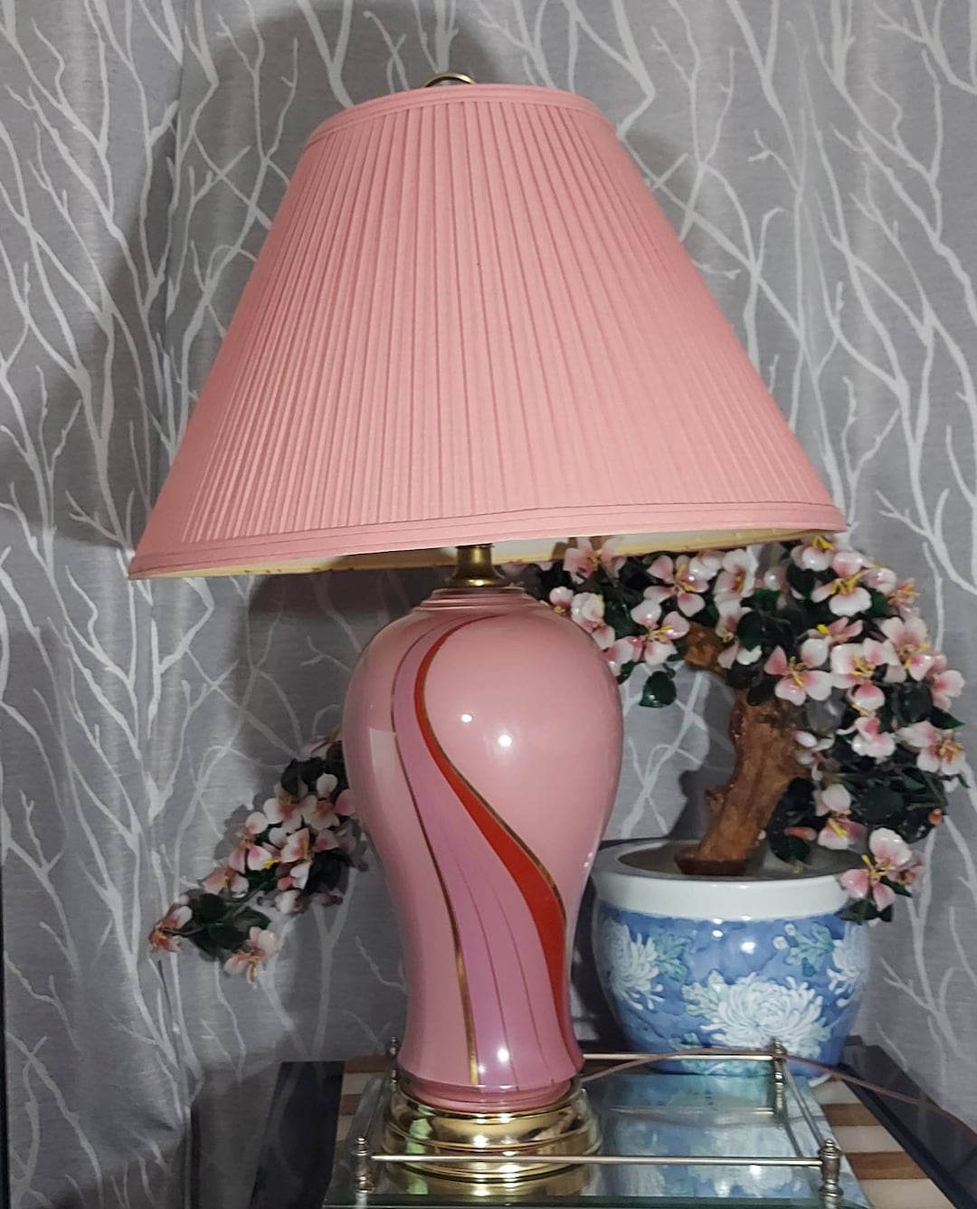 Vintage 80s, Table Lamp, Pink Ceramic, Pinks and Purples, Rainbow