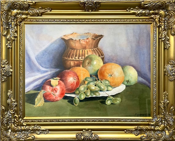 油絵 菅家令子 絵 絵画インテリア額付(青緑＋金色の枠)uF6-060103