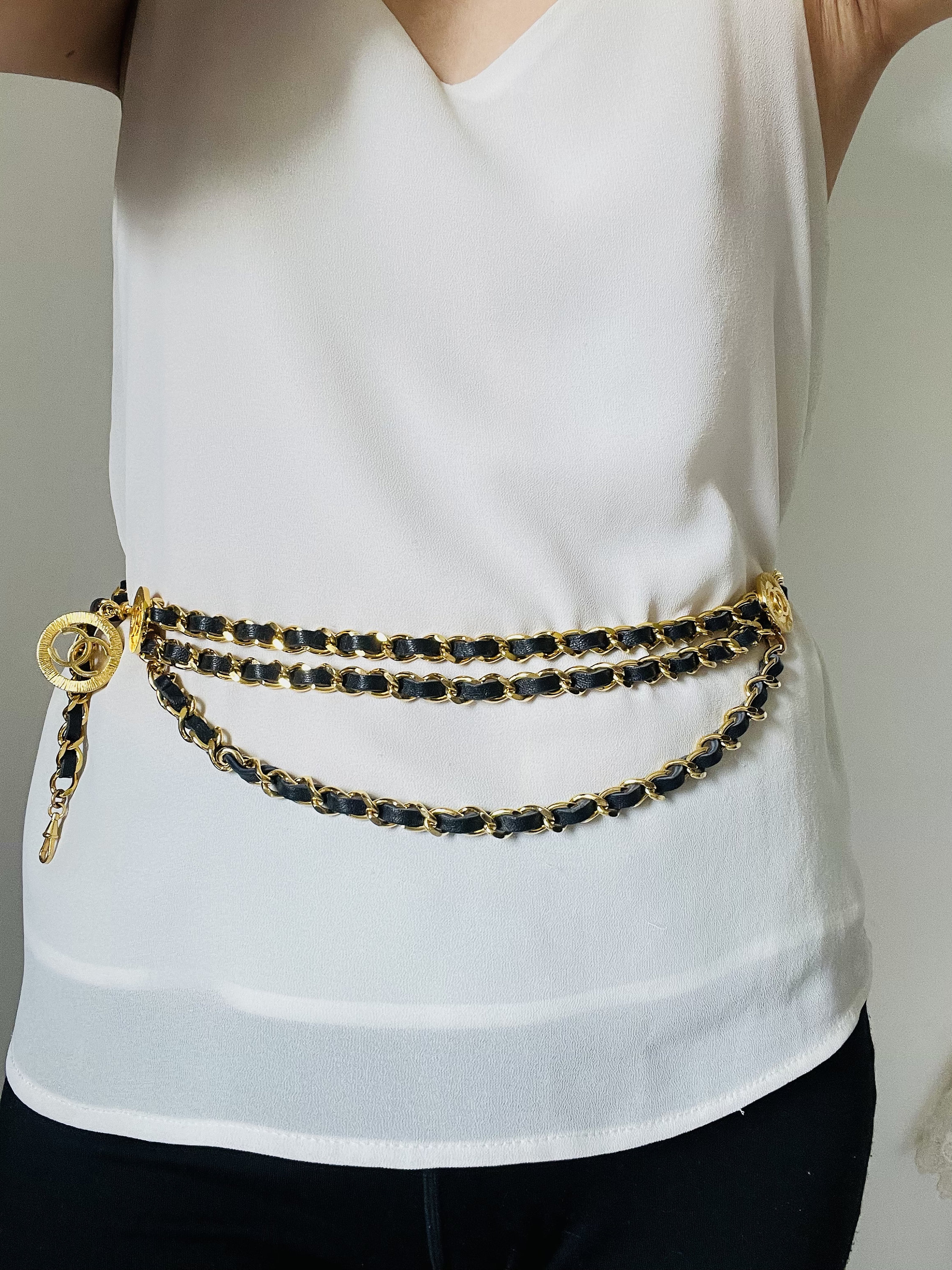 Chanel Vintage 1984 Medallion CC Logo Black Leather Triple Strand