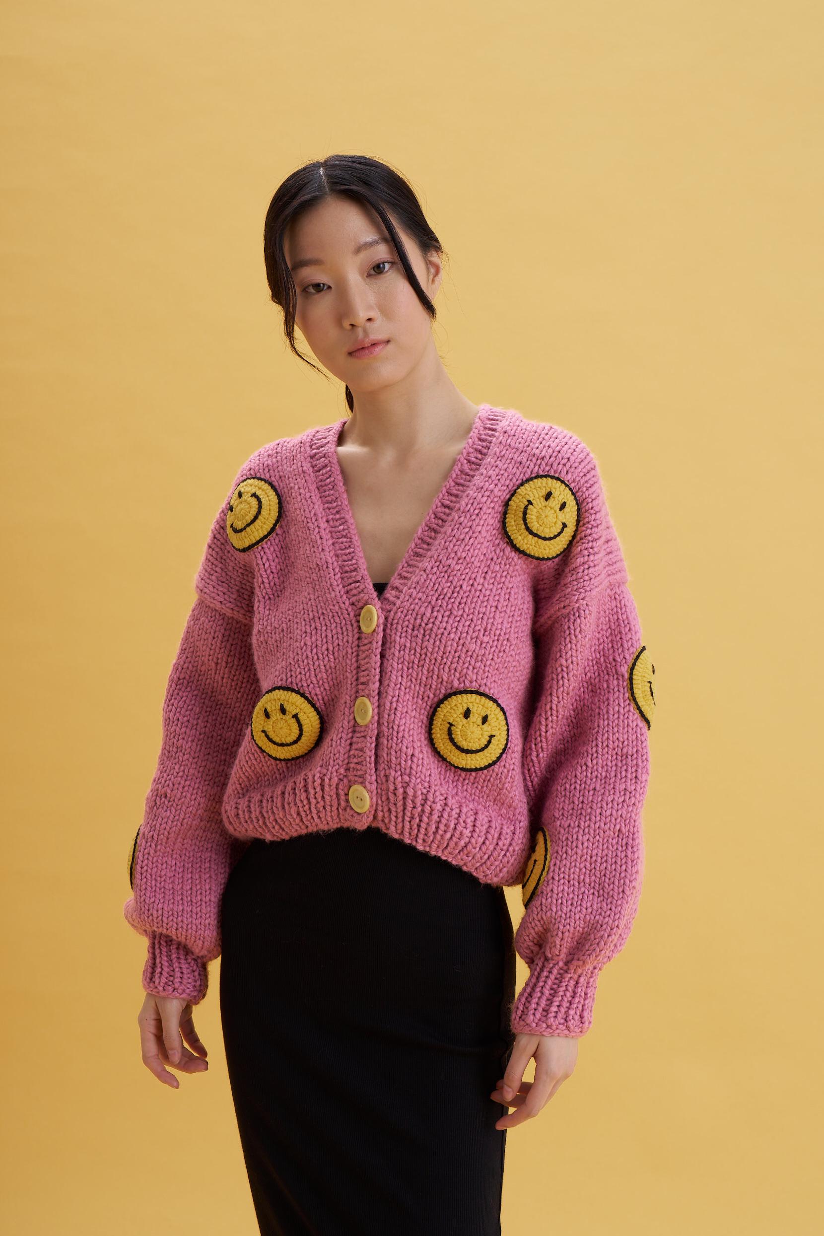 Pink Smiley Cardigan, Cozy Sweater, Wool Sweater, Knitwear for
