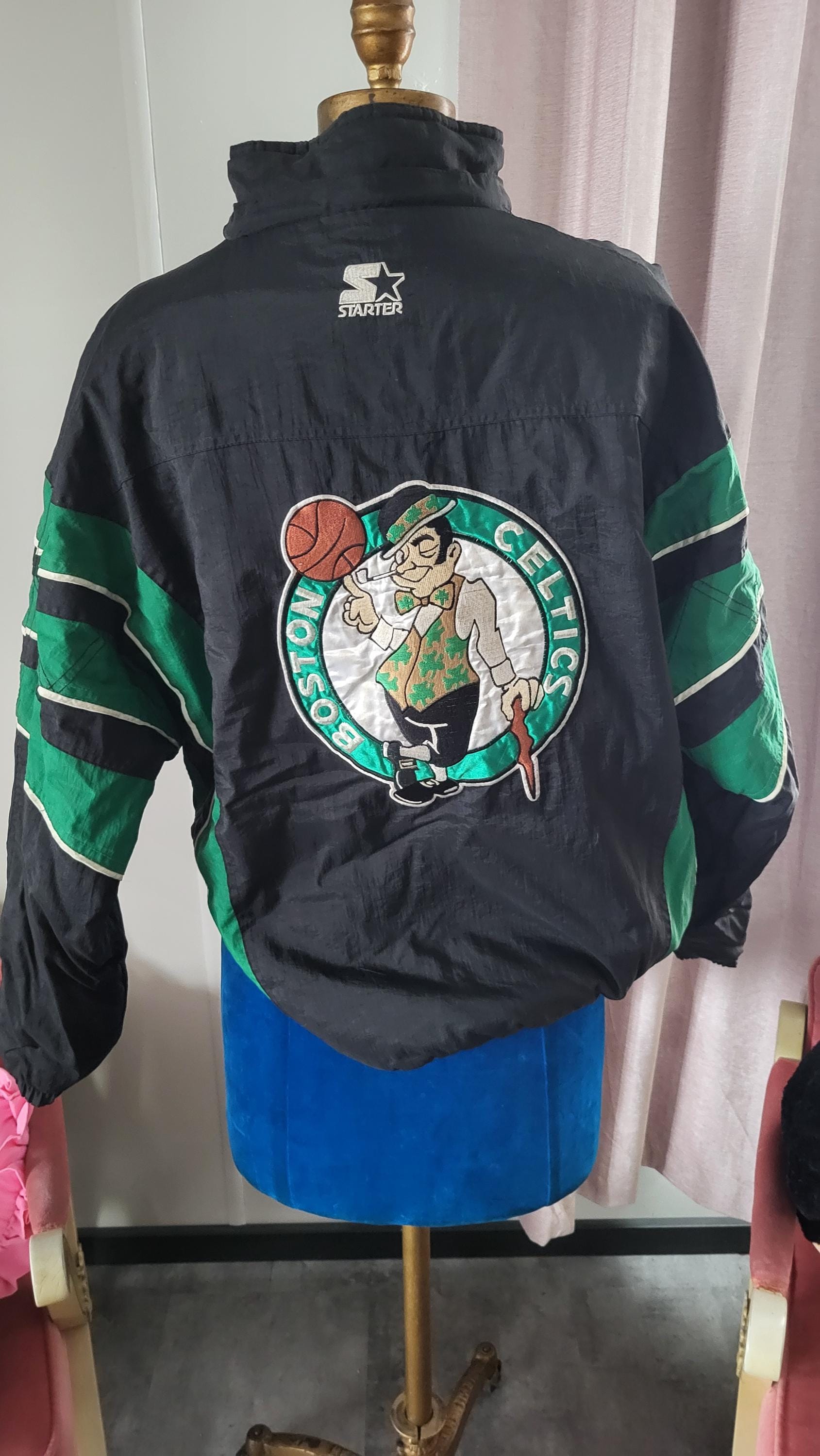 Boston Celtics 90s STARTER Puffer 1/2 Jacket M Black Green NBA