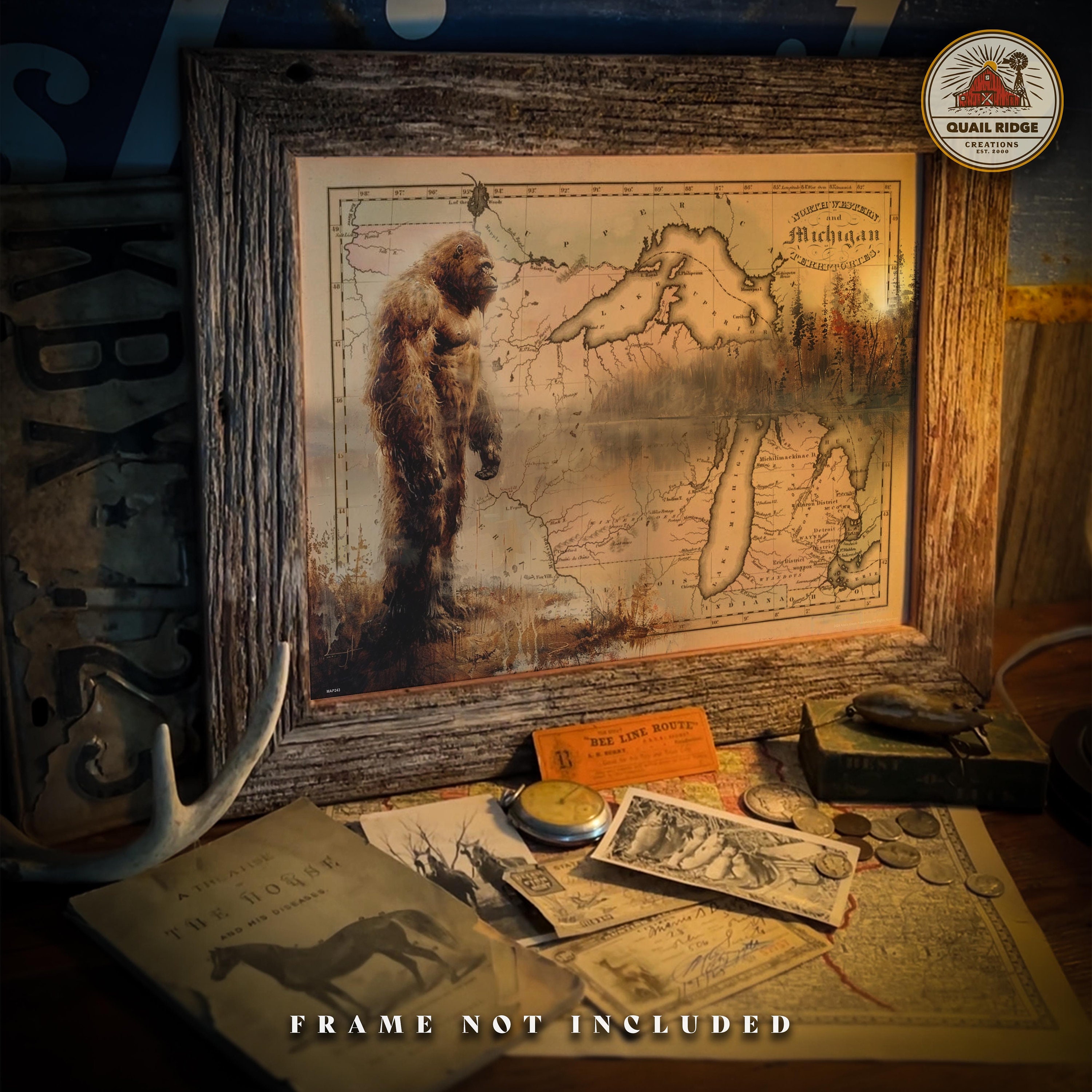 Vintage Bigfoot Art Print: Michigan State Map, Cabin Wall Decor