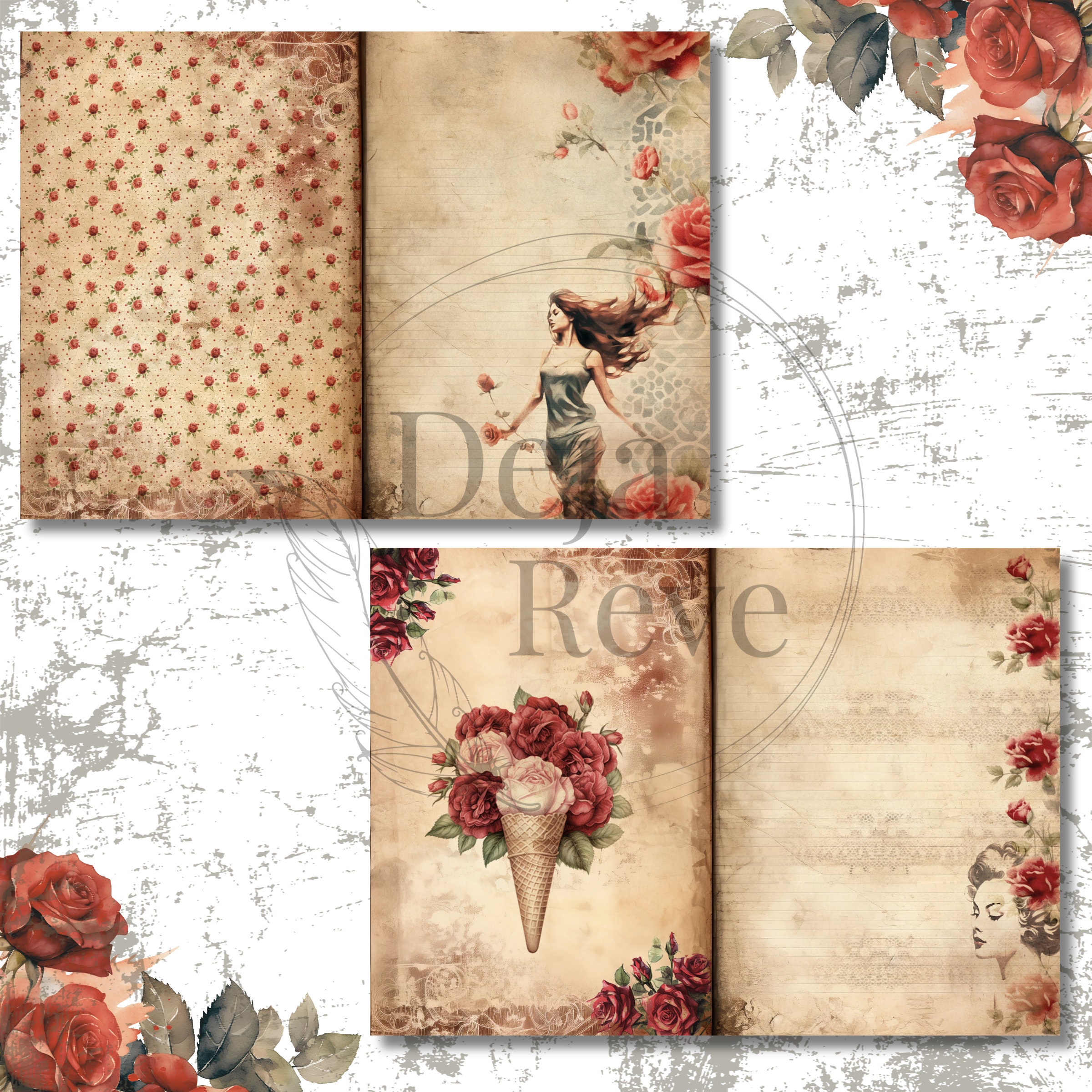 ヴィンテージの赤いバラ、ダブルジャンクジャーナルのデジタルページ