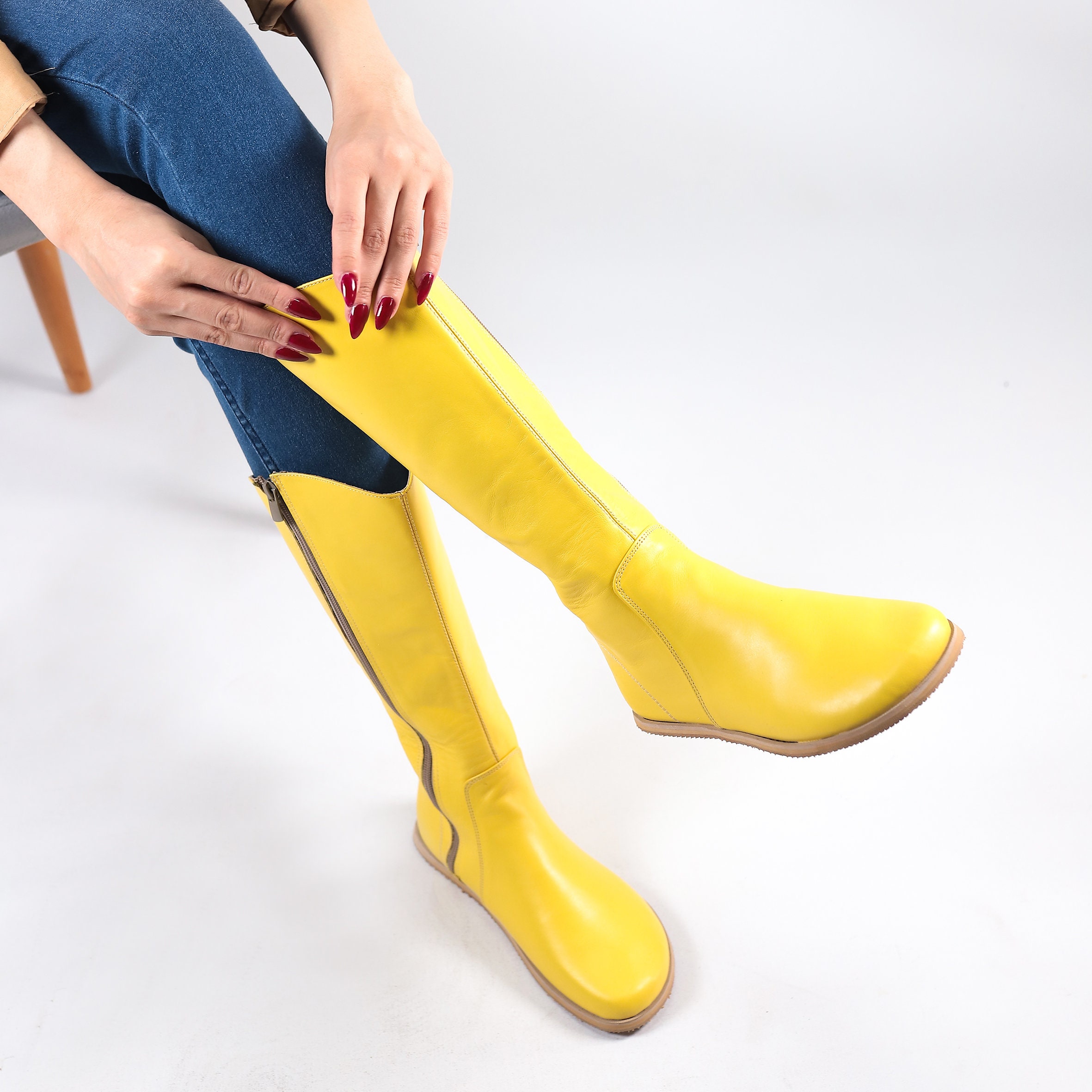 Yellow Leather Knee High Boots: Handmade Barefoot Zero Drop - Etsy
