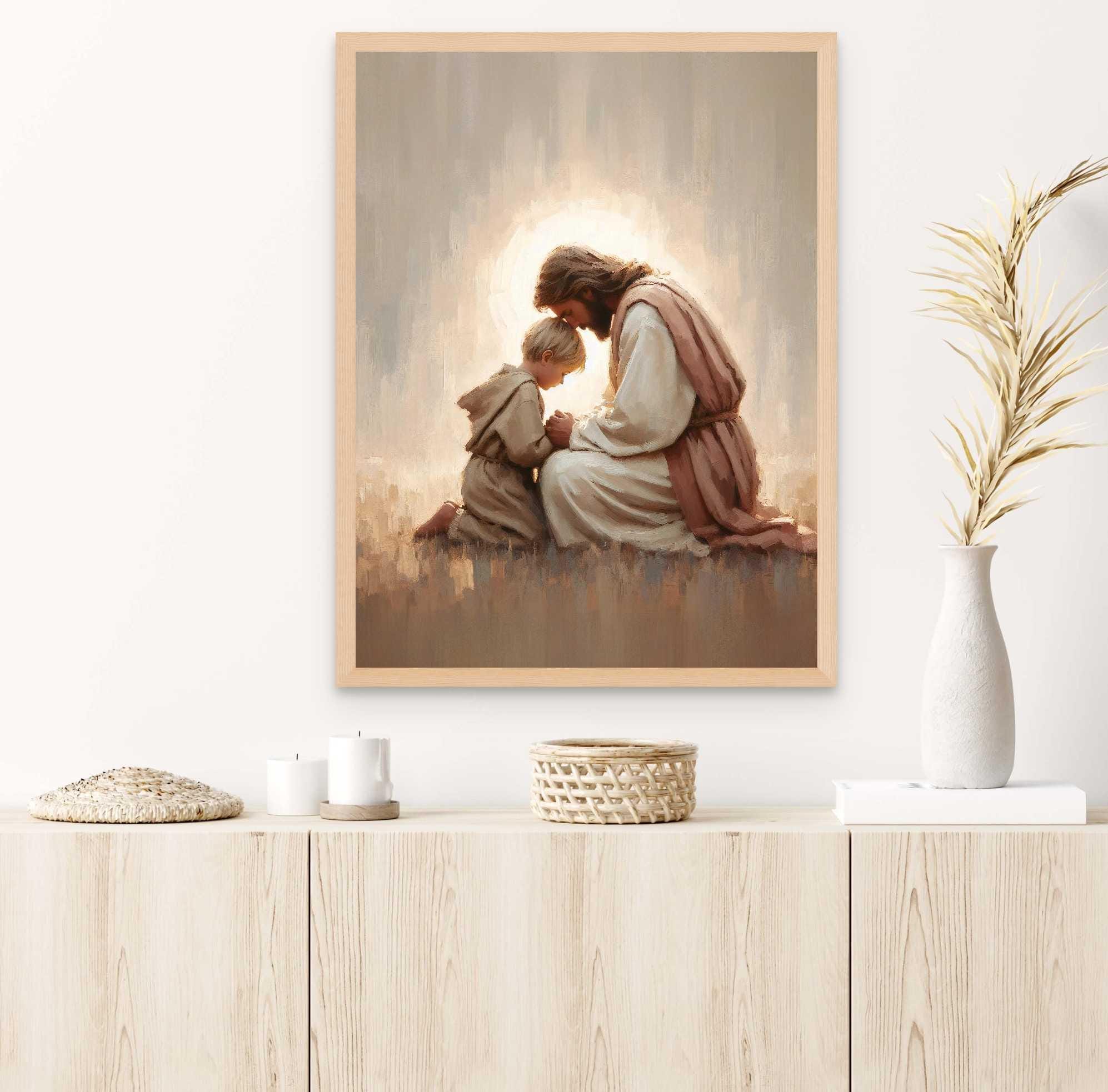 神聖な絆、キリスト教の壁画、祈るイエスと少年、キリストの絵、末日