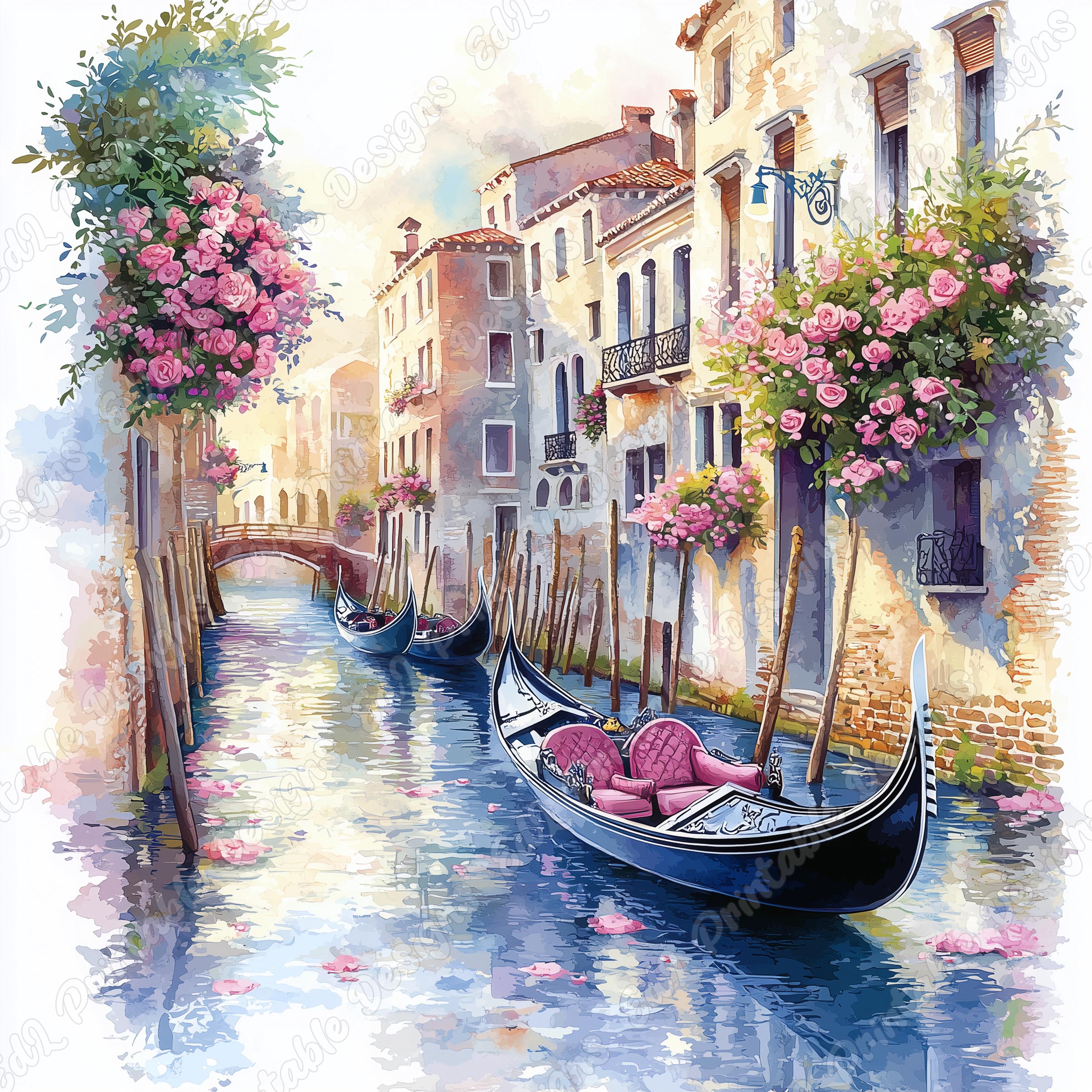 ヴェネツィアのゴンドラの水彩画クリップアート、ロマンチックな運河の