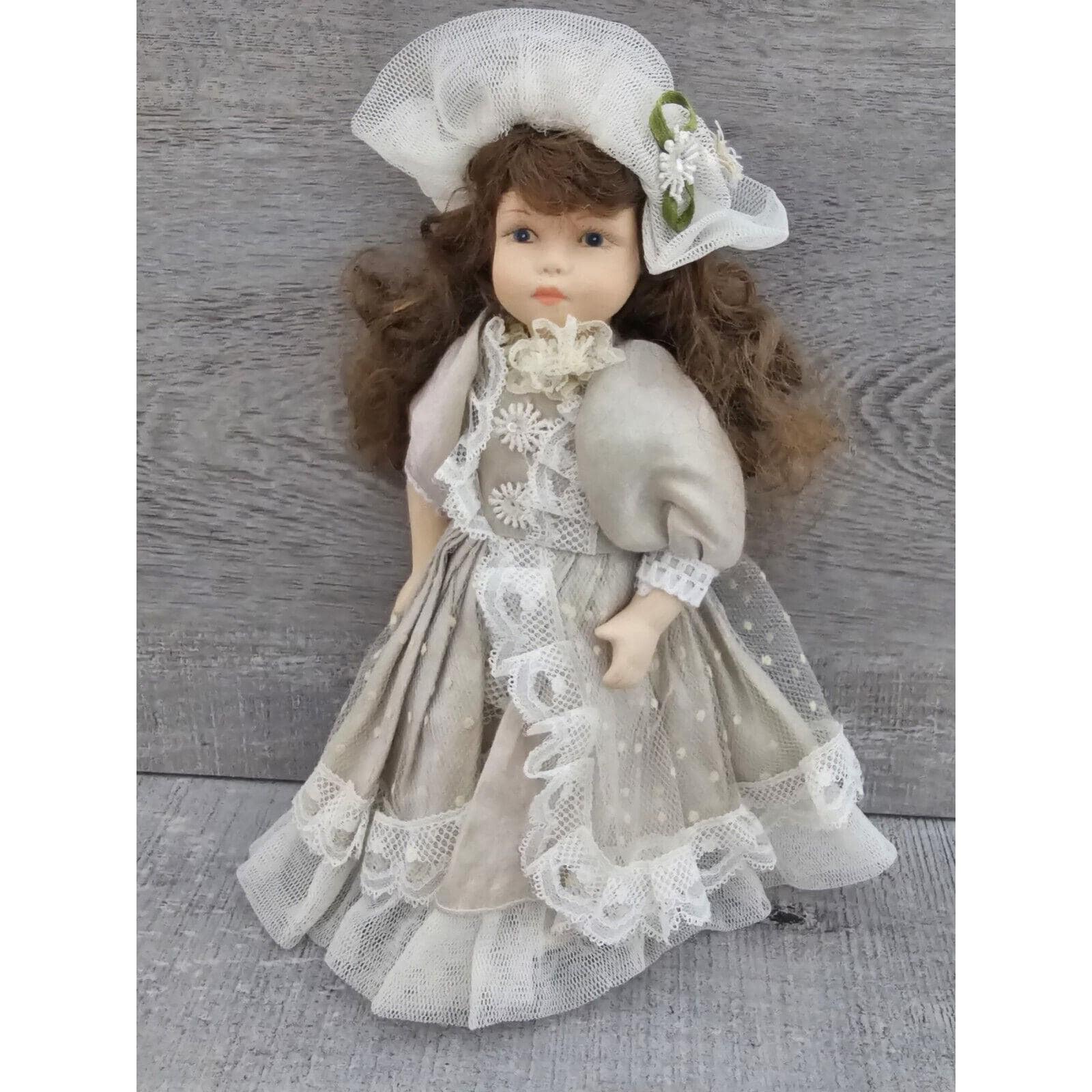Victorian Porcelain Girl Doll Taupe Lace Dress Stockings 8