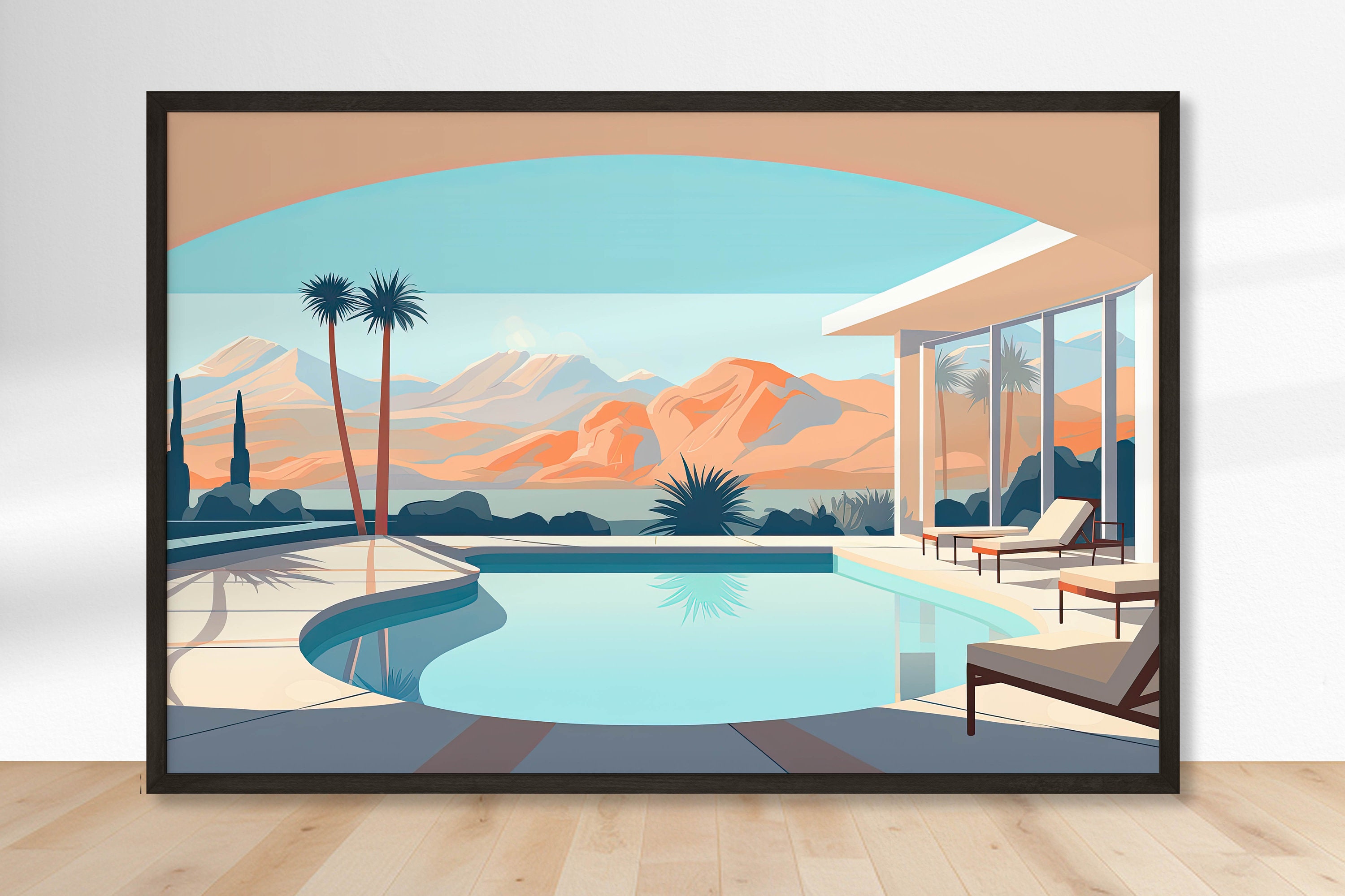 Pastel Pool Scene Art, Palm Springs Ranch Pool, Mid-century Modern