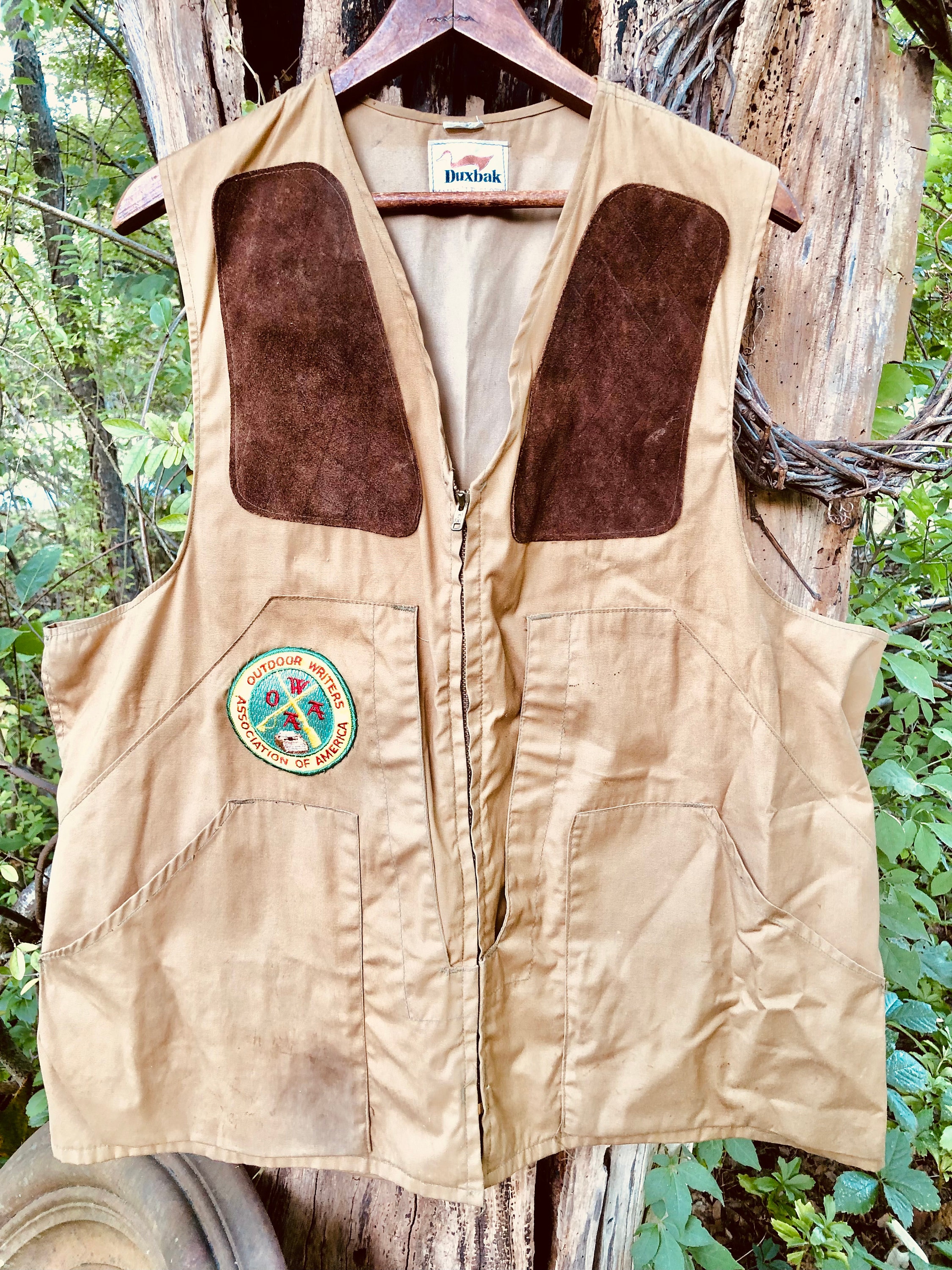 Vintage Duxbak Canvas Hunting Vest: Leather Shoulder Patches