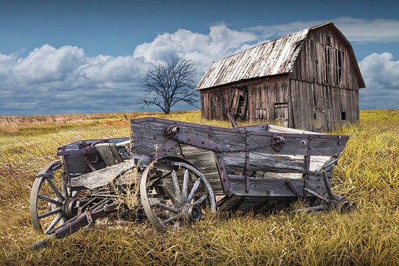 Rustic Farm Landscape Photograph: Broken Down Wagon, Old Barn