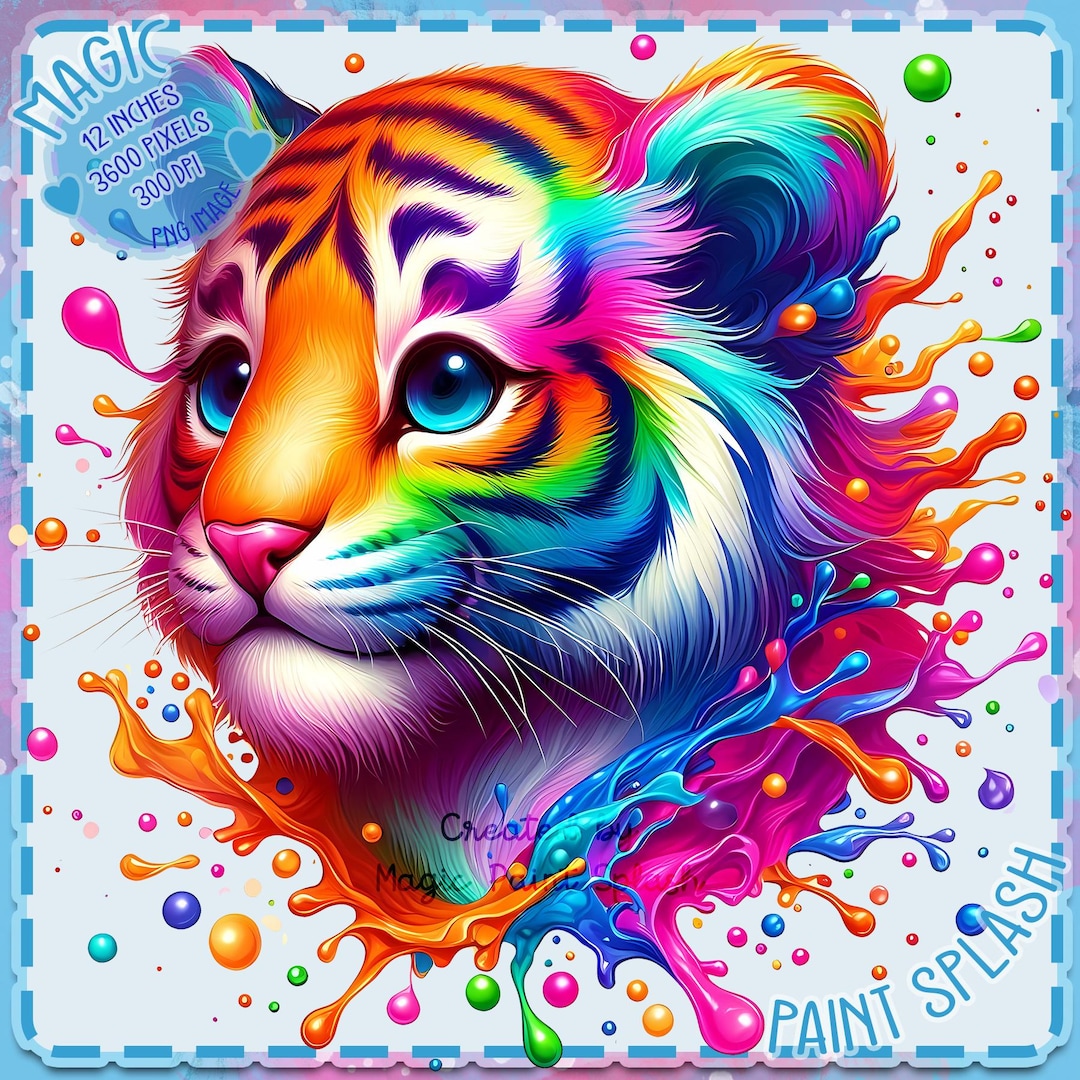 虹色の虎の子の水彩画クリップアート：スプラッシュPNG画像（デジタル