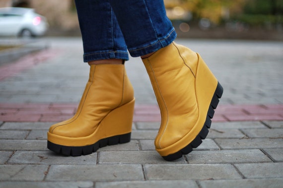 Yellow Leather Platform Ankle Boots: Women's Winter Shoes - Etsy