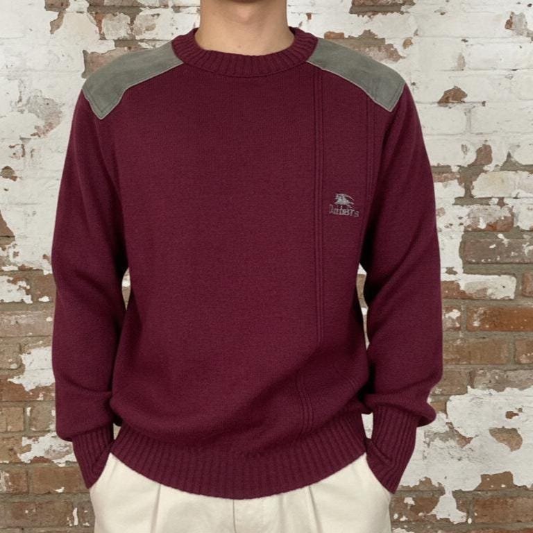 BURBERRY Vintage 80's Sweater 100% Pure Virgin Wool Burgundy Suede