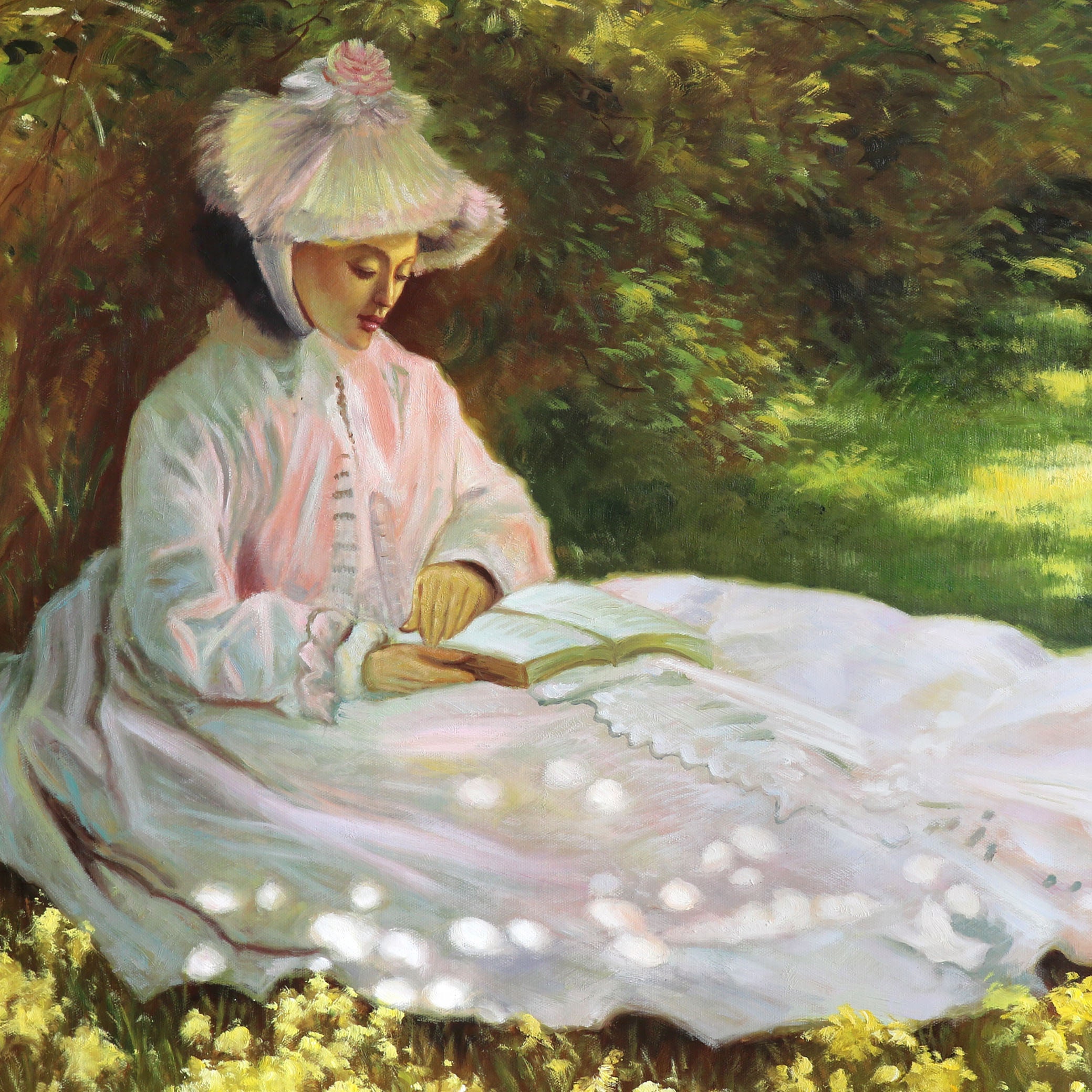 読書家 - クロード・モネの手描きの油絵、春の風景、ライラック色の花