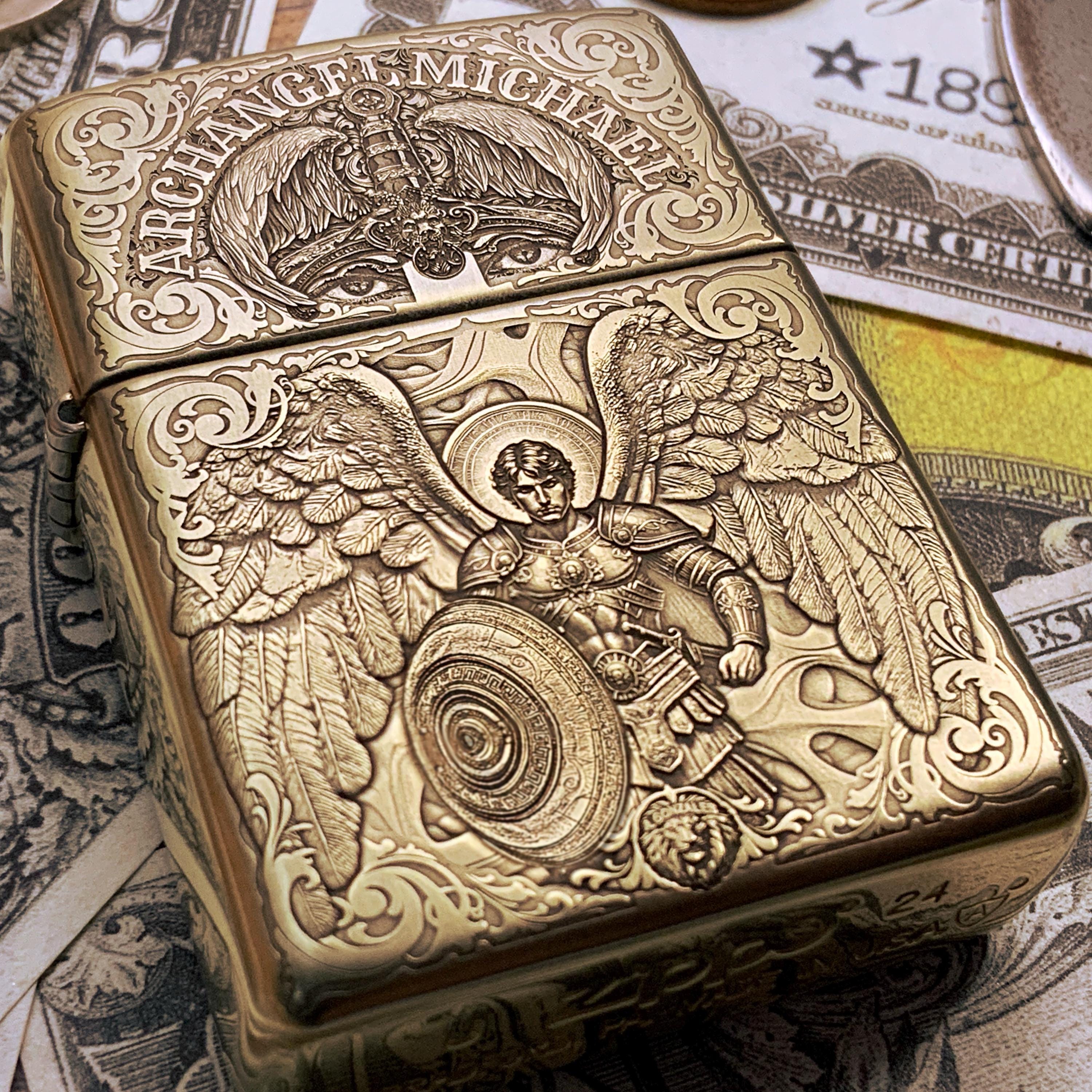 Zippo “archangel Michael” Themed Engraved Brass Armor Cigarette