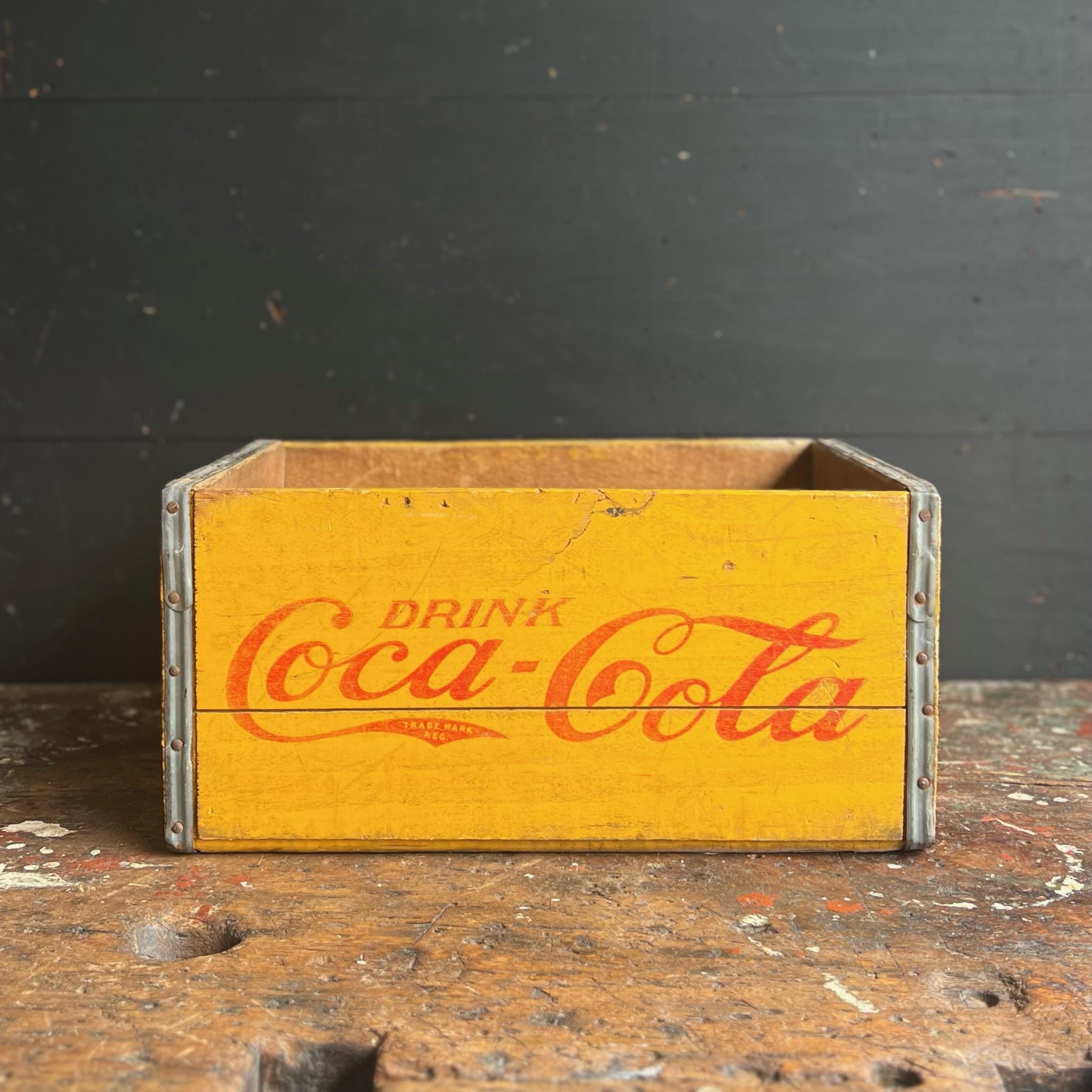 1940s Coca Cola Wooden Crate • Yellow & Red Soda Pop Bottle Box