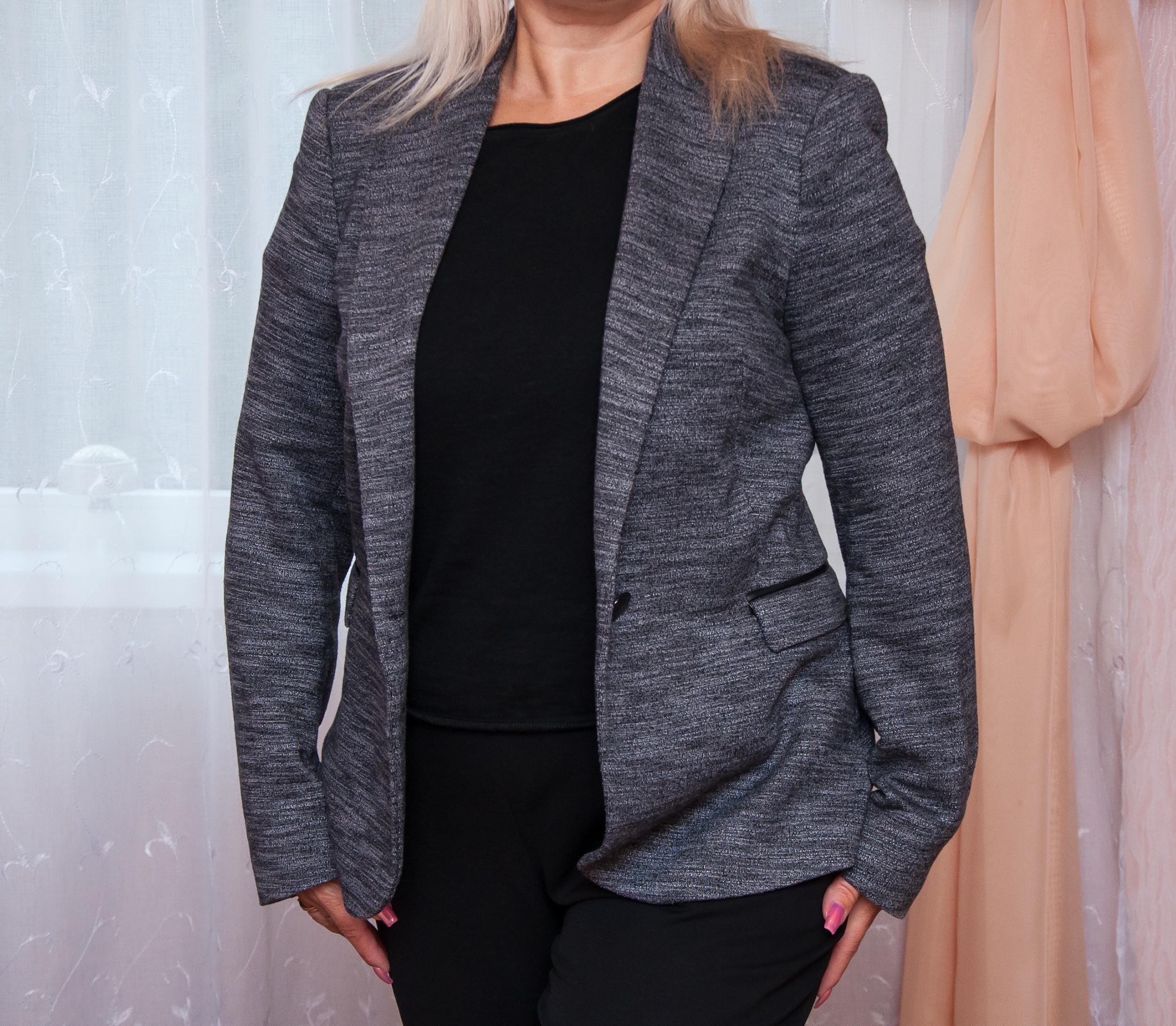 ヴィンテージZARAニットブレザー：グレーメランジ乗馬スタイル、サイズ